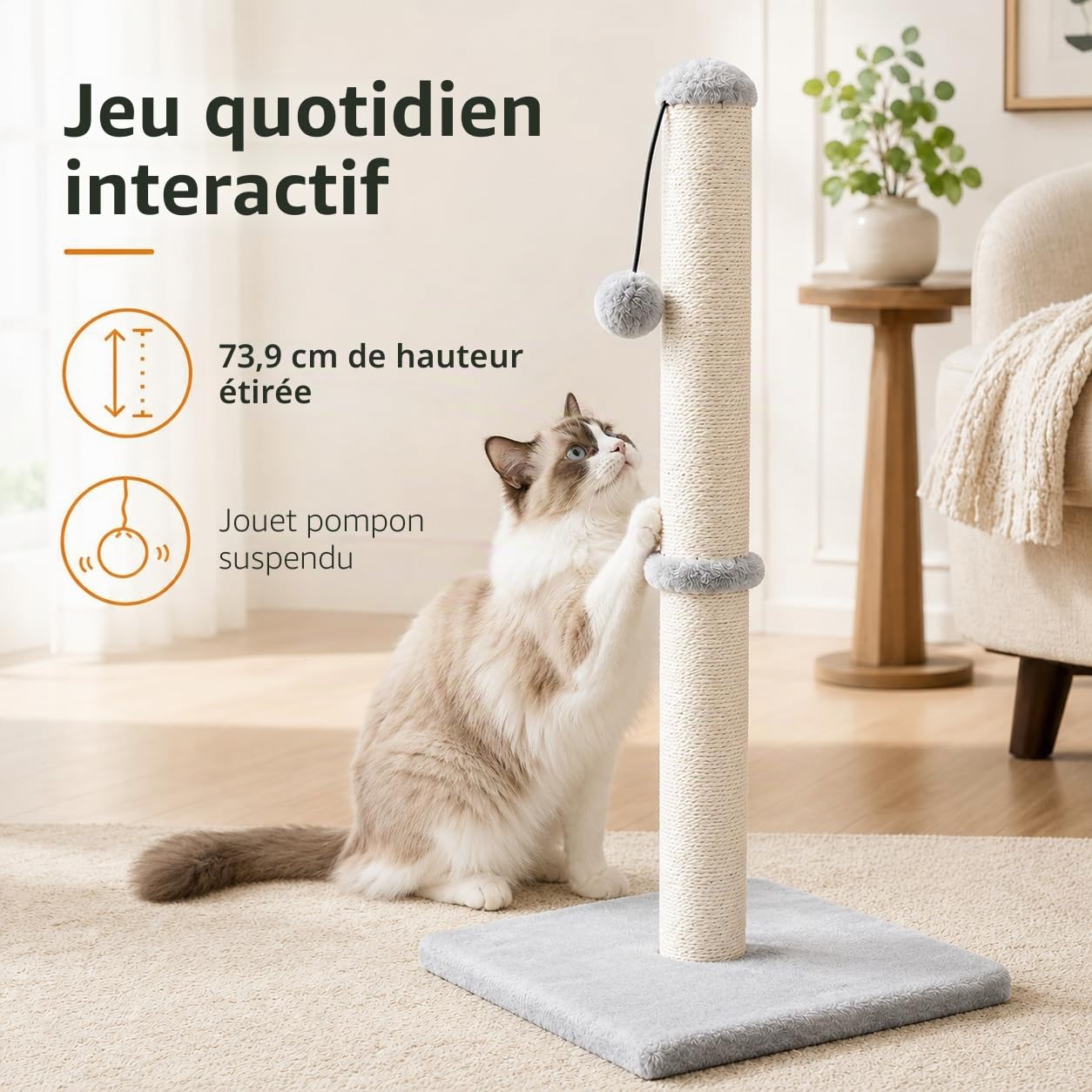 Dimaka Griffoir pour chat de 73,7 cm de haut, corde en sisal recouvert de peluche douce et lisse, griffure verticale [pleine strectch], design moderne de 73,7 cm de hauteur (gris)