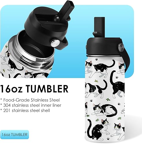 Miniatura 3 de Regalos de gatos para niños, botella de agua de 16 onzas con tapa con pajilla, vaso aislado de acero inoxidable, a prueba de fugas, sin BPA, para