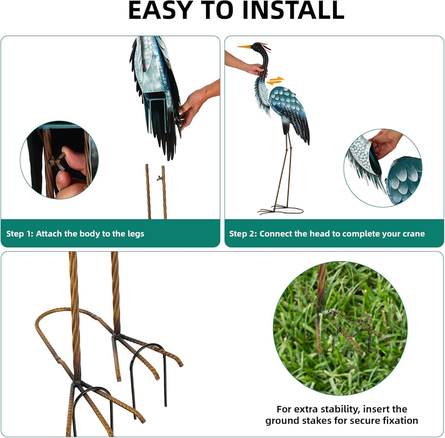 Extra-Large 45.3" Crane Decor, Handcrafted Metal Heron Lawn Sculptures with Stable U-Ground Stakes, Backyard Decoration, Metal Garden Bird Animal Yard Art, Lawn Ornament