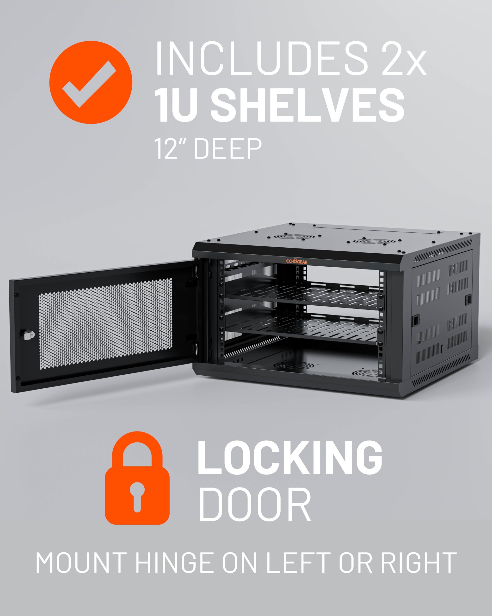 ECHOGEAR Rack réseau 6U – Kit de Montage Mural fermé Comprenant 2 étagères 1U, Ventilateur pré-monté, Porte verrouillable et matériel – Profondeur de 600 mm pour Tous Vos équipements AV