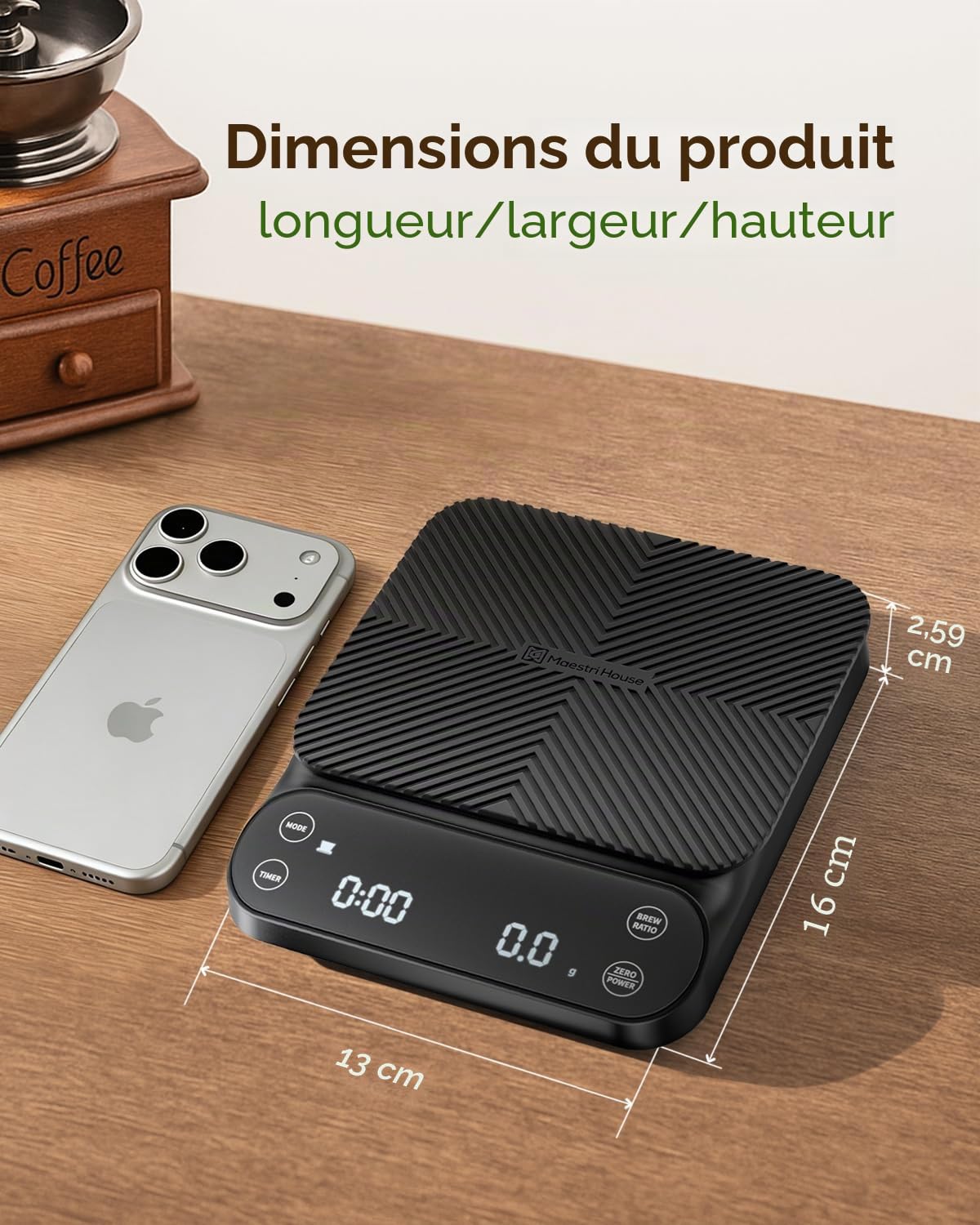 Maestri House Balance à café rechargeable avec minuterie, 3 kg/0,1 g, 3 modes d'infusion, rapport d'infusion personnalisable, balance numérique de qualité barista pour verser, expresso, presse