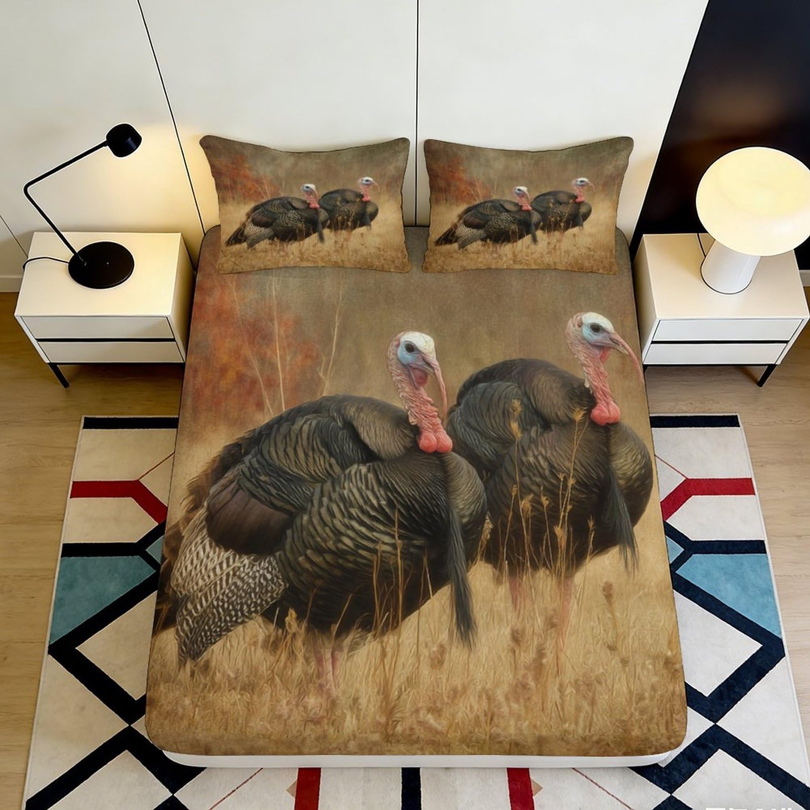 3D Printed Turkey Birds Fitted Sheet Microfiber Anti-Slip Easy Care Rustic Bed Cover for Bedroom Guest Room Decor 90x200x25cm