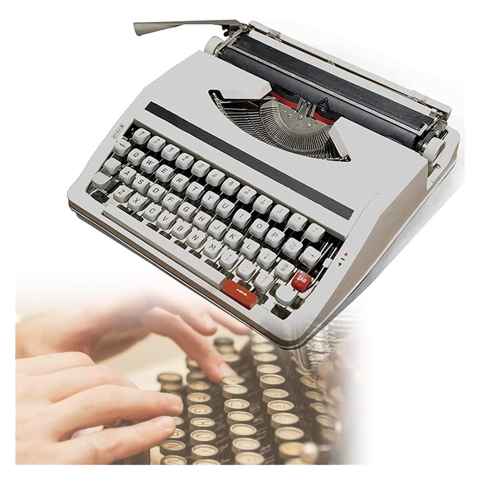 Kreatywna maszyna do pisania w stylu vintage, przenośna mechaniczna maszyna do pisania w stylu retro, staromodna instrukcja w zestawie czarna czerwona wstążka z podwójną szpulą, z etui (biała)