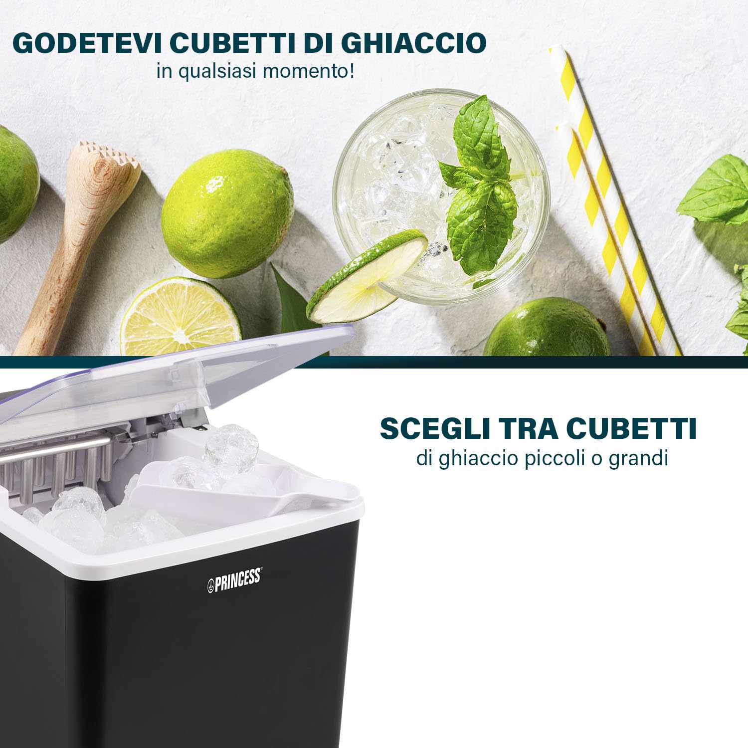 Princess Ice Maker XXL - Serbatoio da 1,75 L - 9 cubetti di ghiaccio in 6 minuti - Produce fino a 12 kg di cubetti di ghiaccio - 2 dimensioni di cubetti disponibili - Funzione di autopulizia - 239830