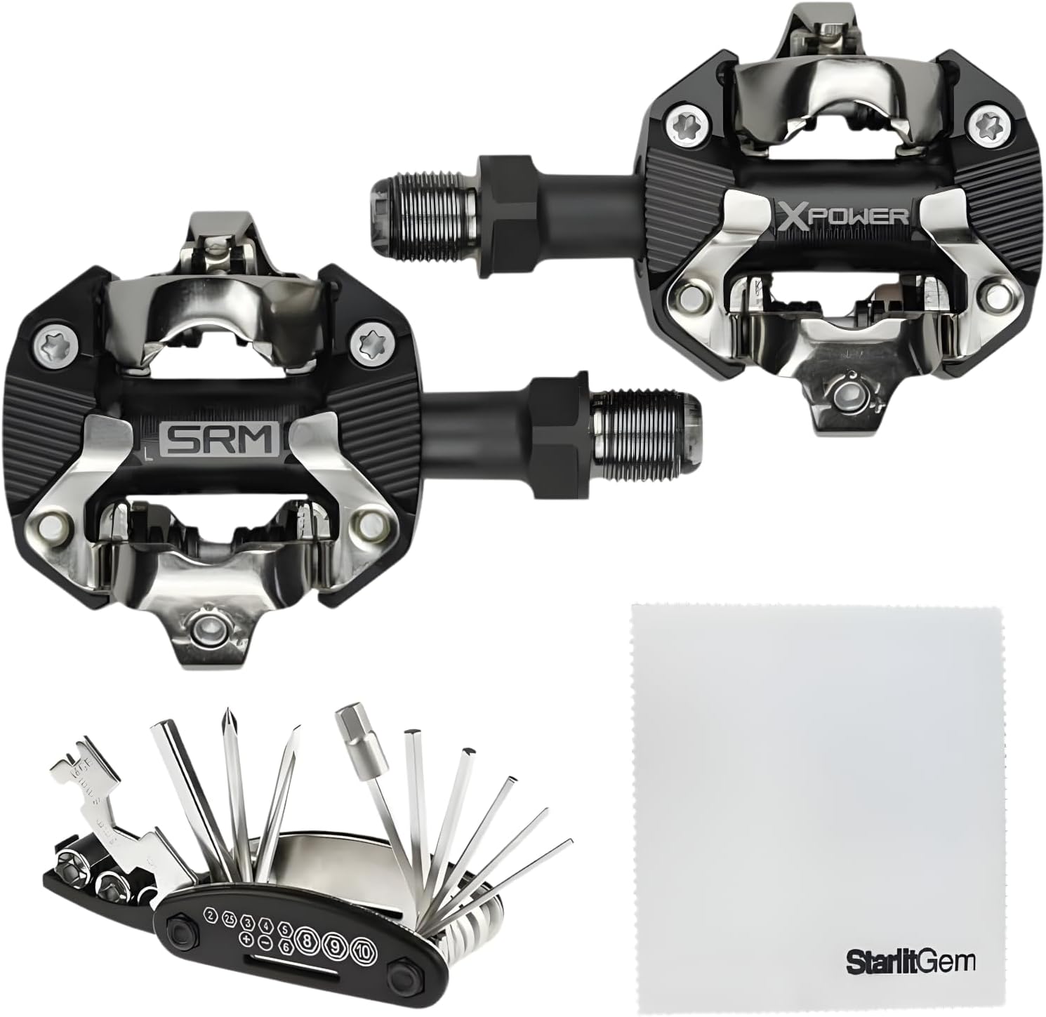 SRM X-Power MTB Power Meter Pedals, Dual-Sided SPD Compatible Cycling Power Meter, Long Spindle, Bluetooth ANT+, Rechargeable, Trail-Ready Alloy Design, with StarlitGem Multitool Kit & Cleaning Cloth