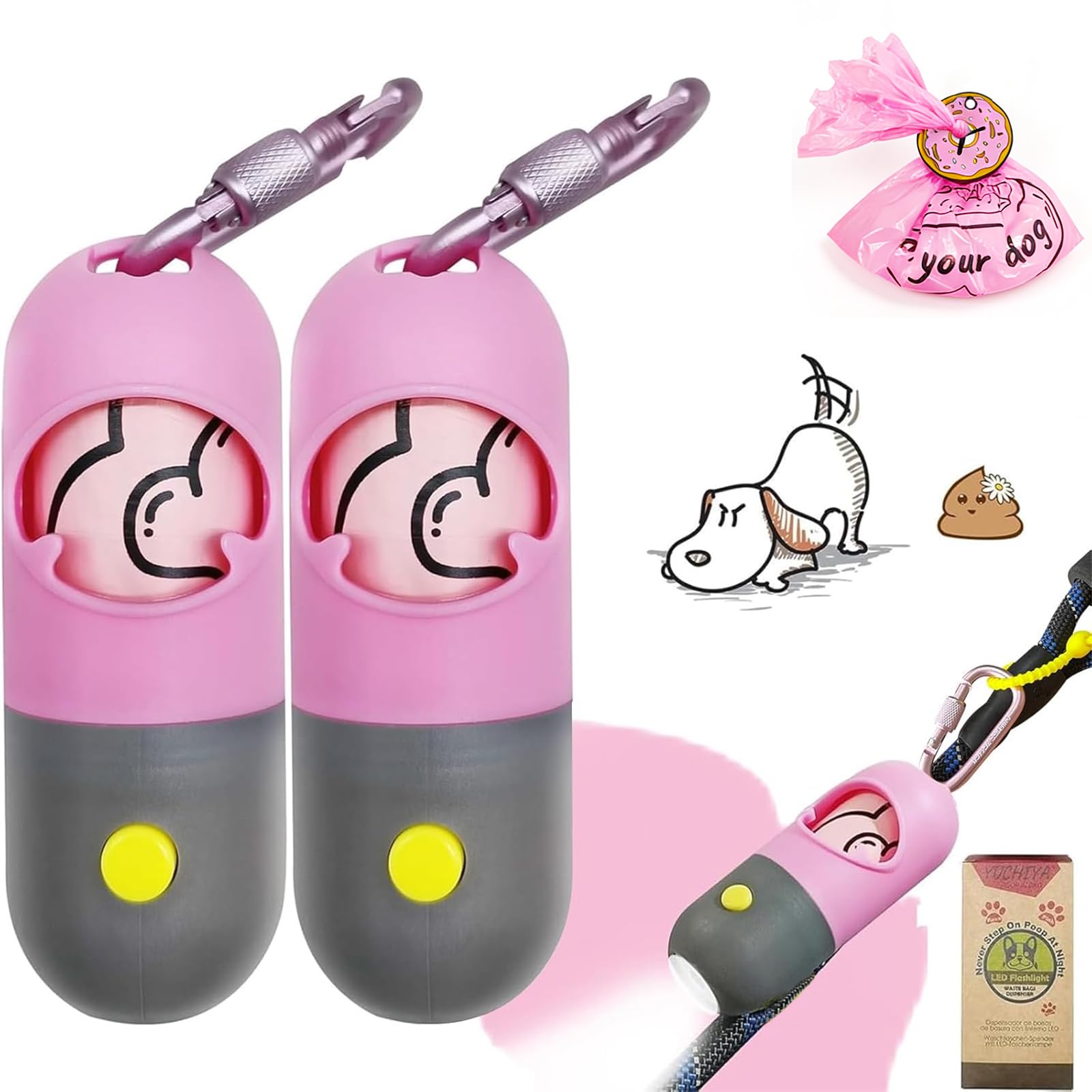 Dog Poop Waste Bags Holder with LED Flashlight|Cute Doggie Poo Bags Dispenser for Pet Leash|Trash Waste Bags Carrier with Potty Bags Clip Fastener