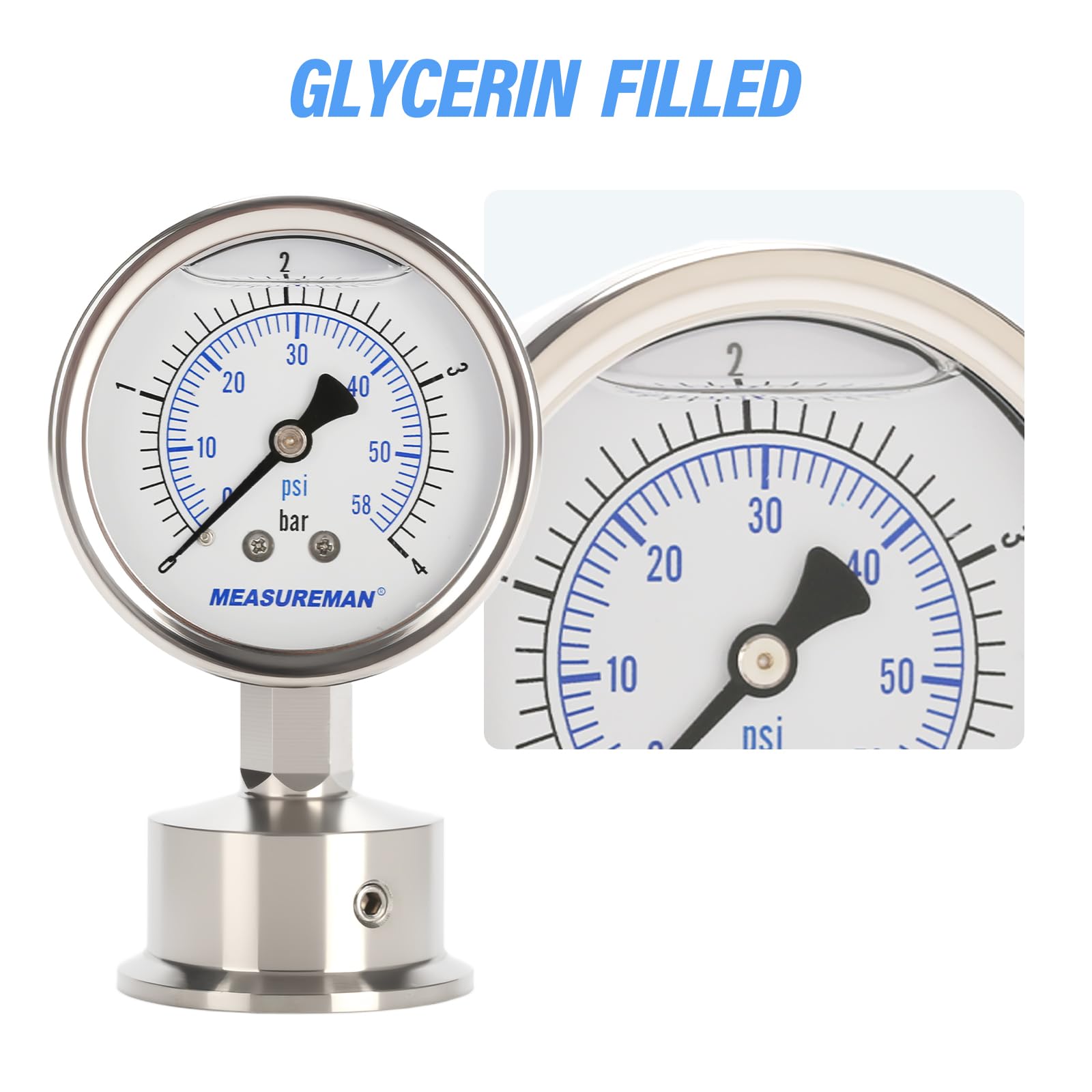 Hygienisches Manometer, glycerinbefüllt, 0-4bar/psi, Brauerei, Lebensmittel und Pharmabranche