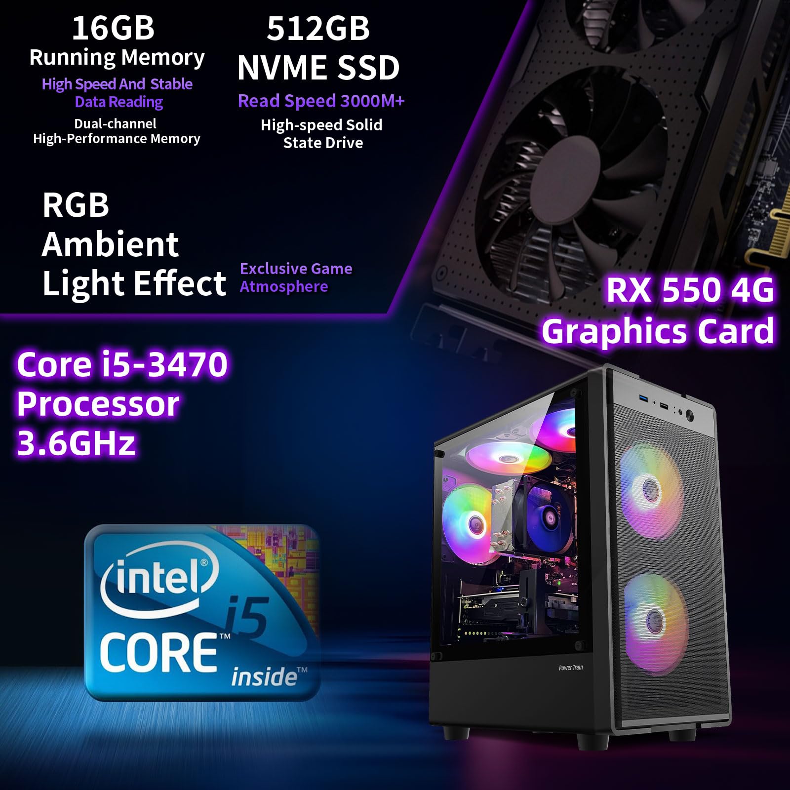 ZER-LON Gaming PC Desktop Computer, Intel Core I5 up to 3.6GHz, RX 550 4G GDDR5, 16G DDR3 RAM, 512GB NVME SSD, WiFi 5.0, Prebuilt Gaming PC Tower Computer with 5 RGB Fan — view 2