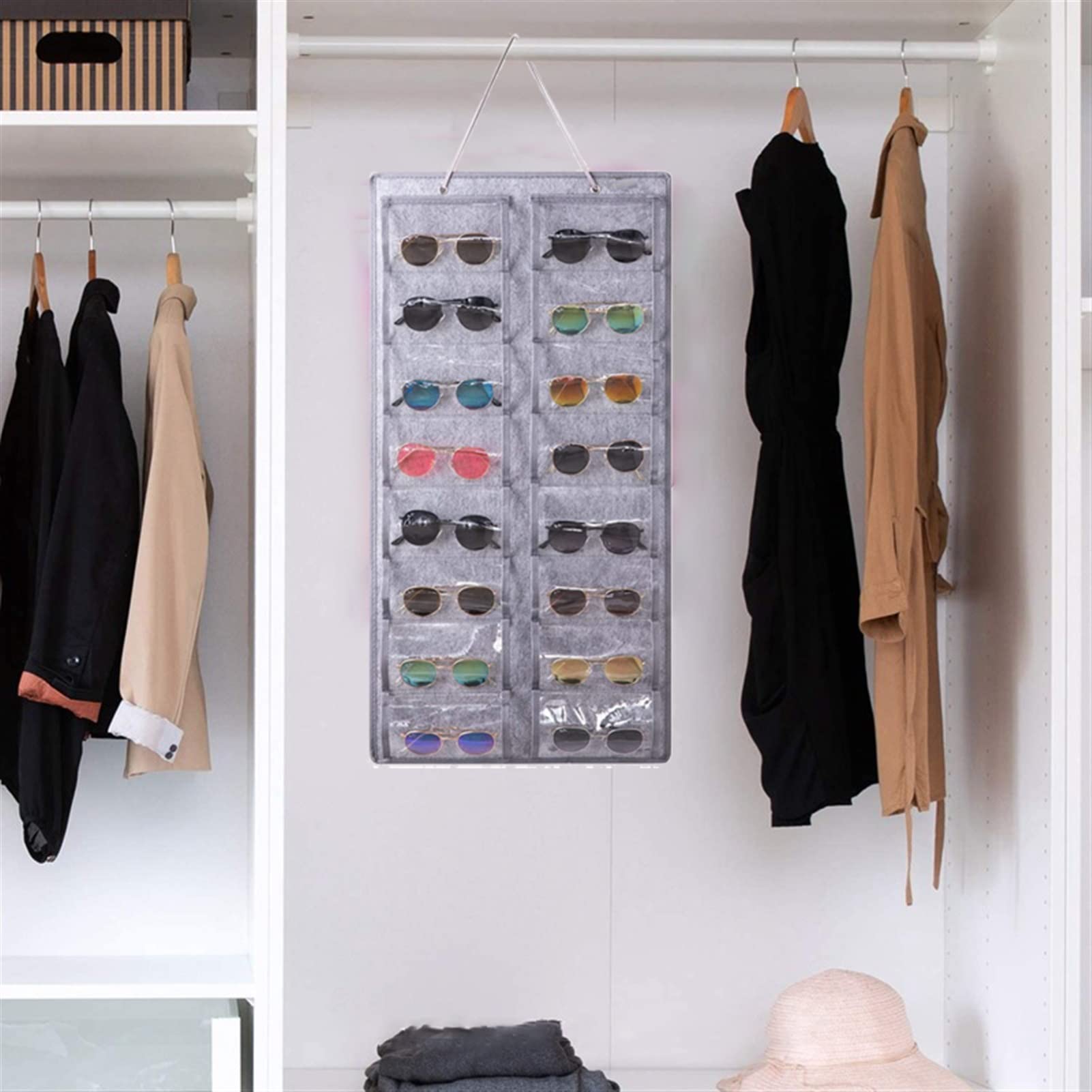 GLigeT Brillenständer 16 Slots Sonnenbrille Organizer Hängende Wand Brille Halter Lagerung Display Pocket Wall Stand Organizer Holder Sonnenbrillenständer(Dark Gray)