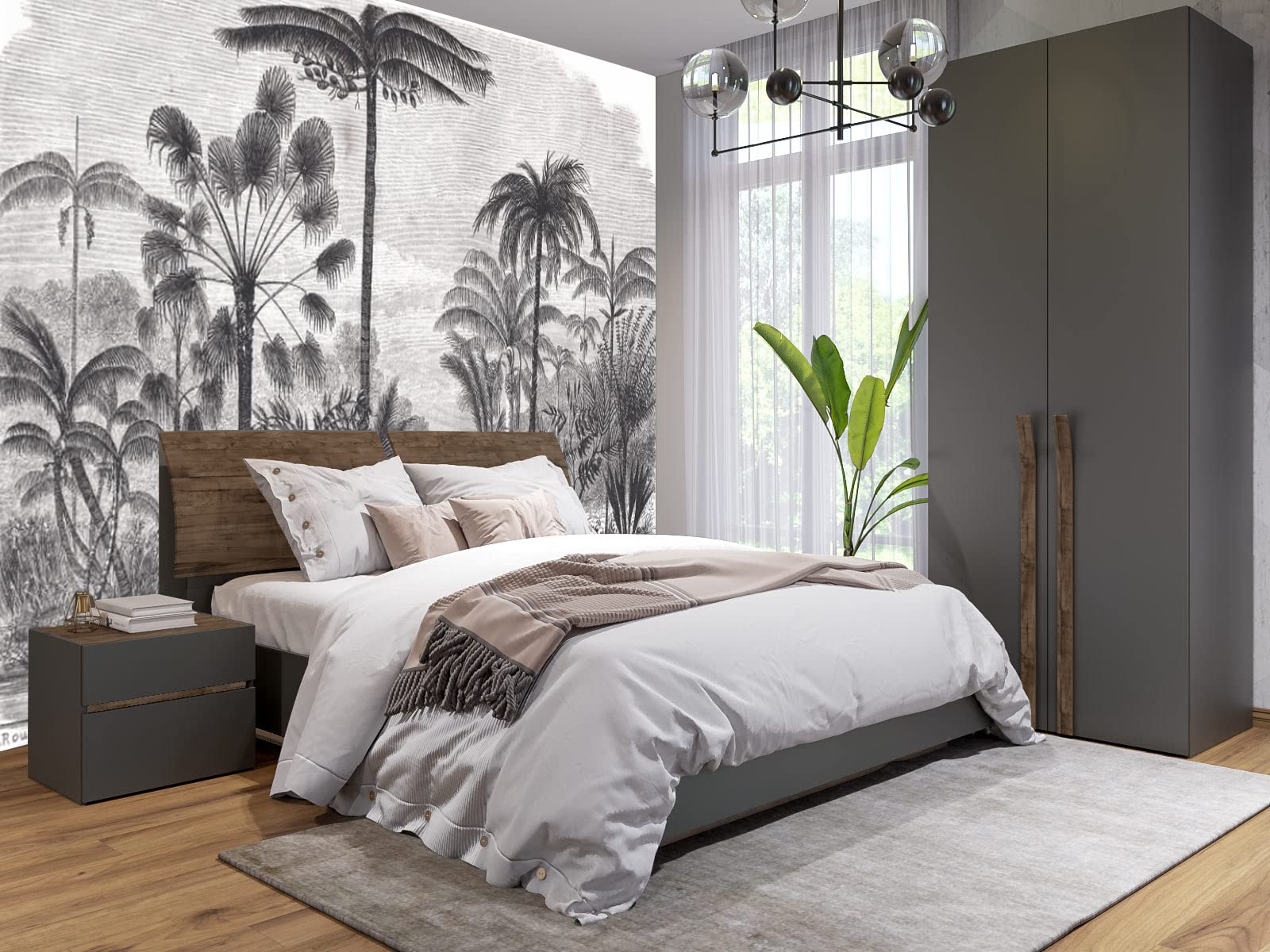 Papel pintado panorámico de Seidenwald 356 x 250 cm, diseño 3D de selva tropical, color blanco y negro