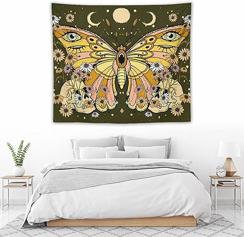 Smacget Tapiz de calavera de mariposa para dormitorio, esqueleto de polilla, tapices pequeños tapices botánicos florales de plantas, arte estético