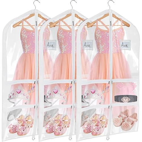 Univivi Clear PVC Dance Costume Bags (3 Pack) Garment Bag 40 Inch for Dance Competitions, with 4 Medium Clear Zipper Pockets and 1 Large Back Zippered Pocket [Upgraded Version]