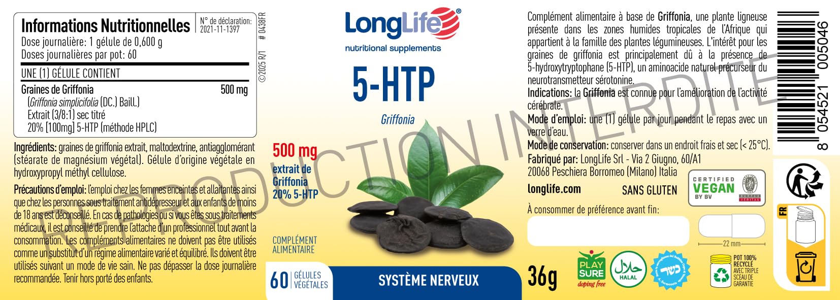 LongLife® 5-HTP | Griffonia titré à 20% en 5-HTP | 500mg de Griffonia - 100mg de 5-HTP | Humeur, détente, bien-être mental | 60 gélules végétales | Végan, sans gluten et doping free