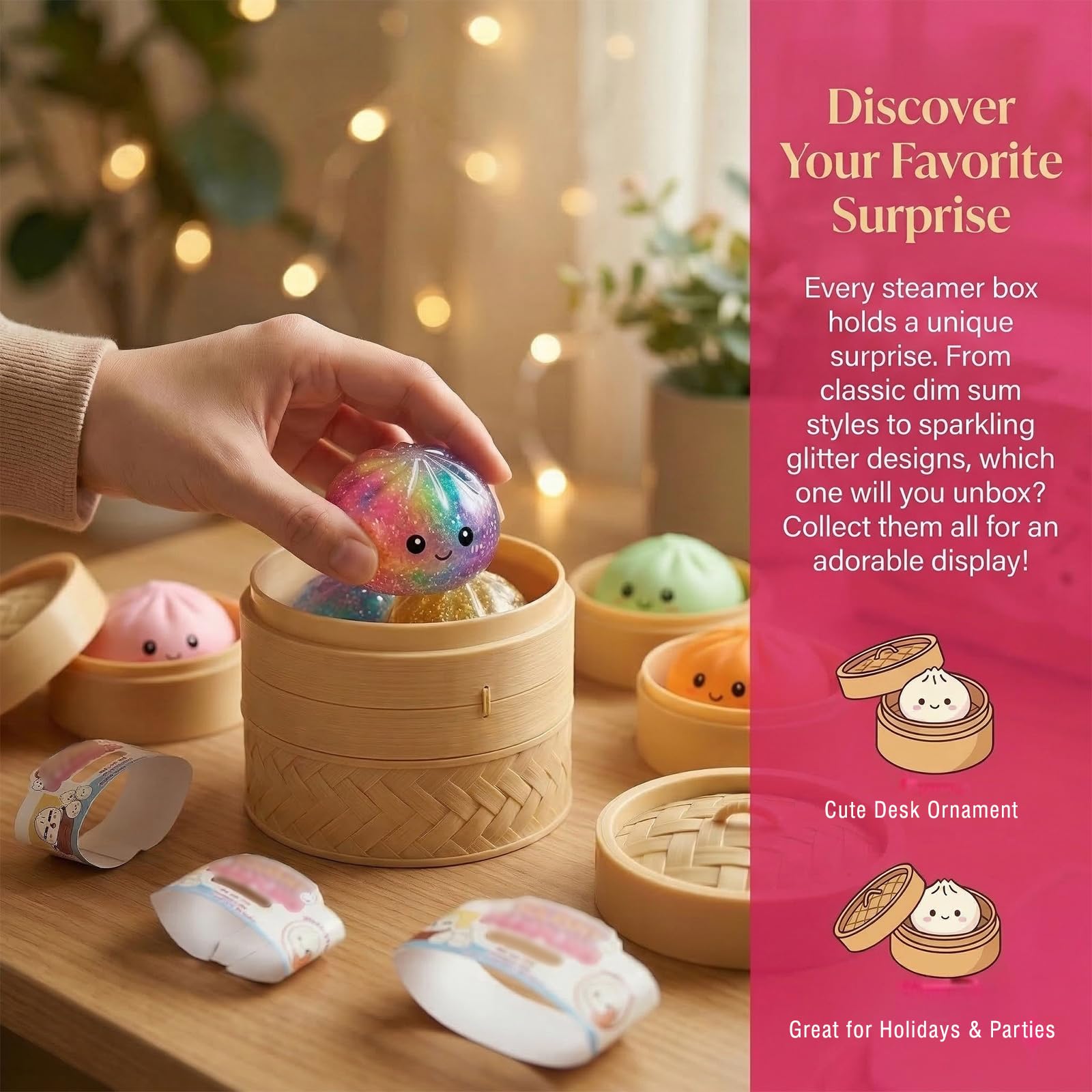 Glitter Dumpling, kleurrijke dumplings, stressballen, fidget