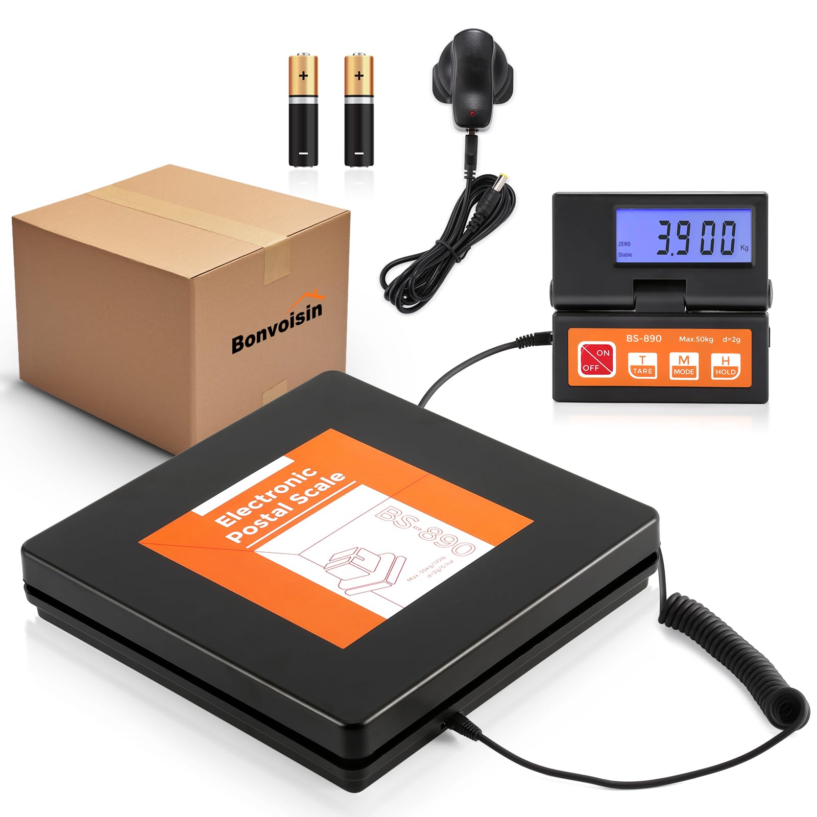 Bonvoisin Bilancia postale digitale 50 kg 110 lb 2 g display LCD separato batterie AAA adattatore UE inclusi g kg oz lb indicatore stabile Hold