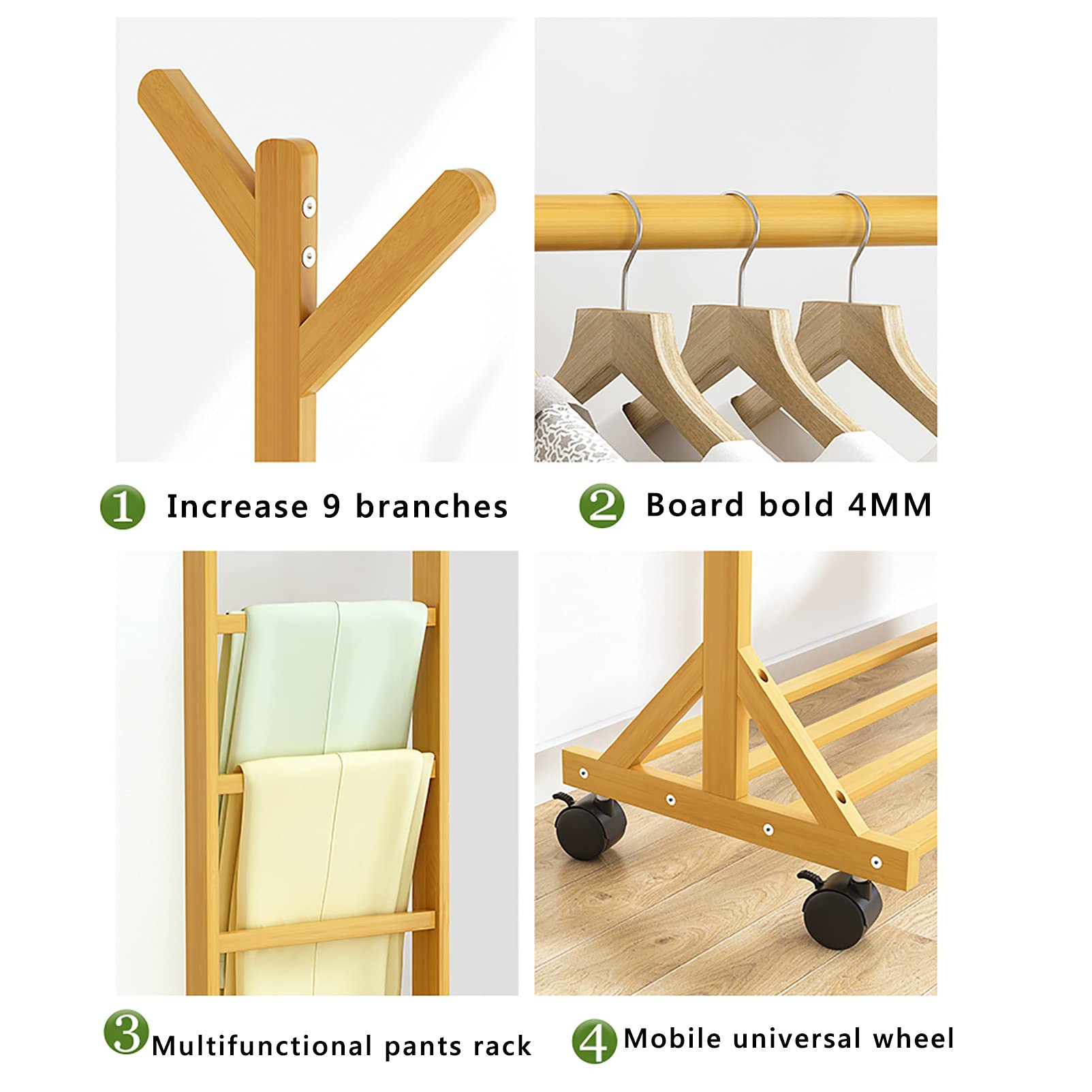 Amazon｜ハンガーラック 竹製 衣類収納 キャスター付き ポールハンガー