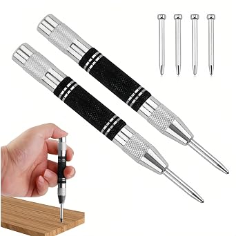 Automatic Center Punch 2PCS, Spring Impact Loaded Center Hole Punch with 4 Replacement Tips, Adjustable Heavy Duty Automatic Center Punch, Metal Centre Punches for Glass Wood Thin Steel Sheets