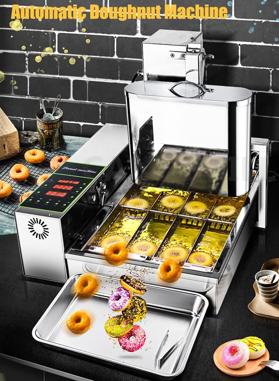 Automatic Donut Machine, Commercial Donut Making Machine, 4 Rows 6L Digital Donut Fryer, The Temperature Adjustment Range Is 50~220°, Adjustable Thickness Auto Flip, Which Is Very Convenient To Use