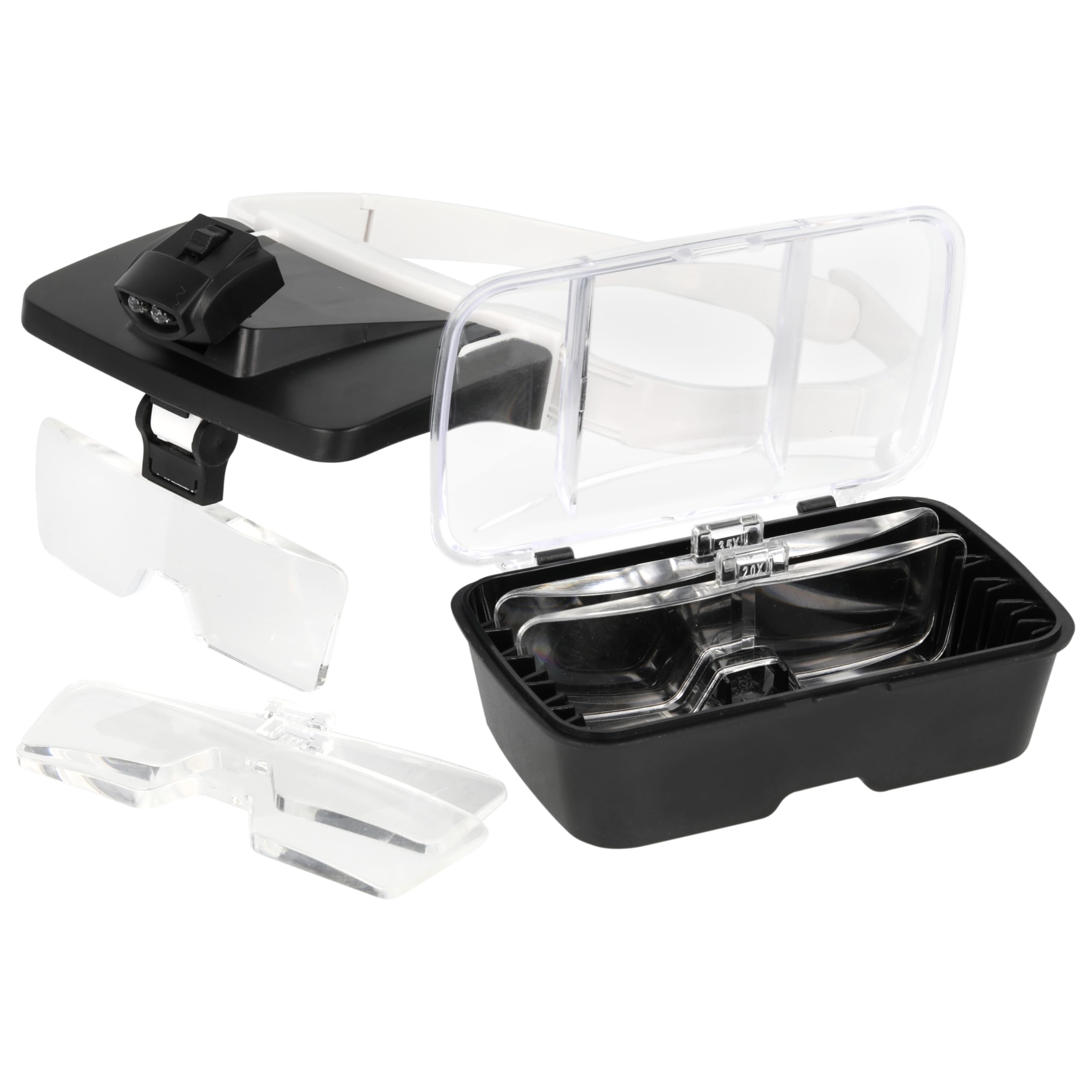 The Beadsmith LED-Lupe mit Stirnband – 5 Vergrößerungslinsen (1,0-Fach, 1,5-Fach, 2,0-Fach, 2,5-Fach, 3,5-Fach), Zwei LED-Leuchten, inklusive Aufbewahrungskoffer
