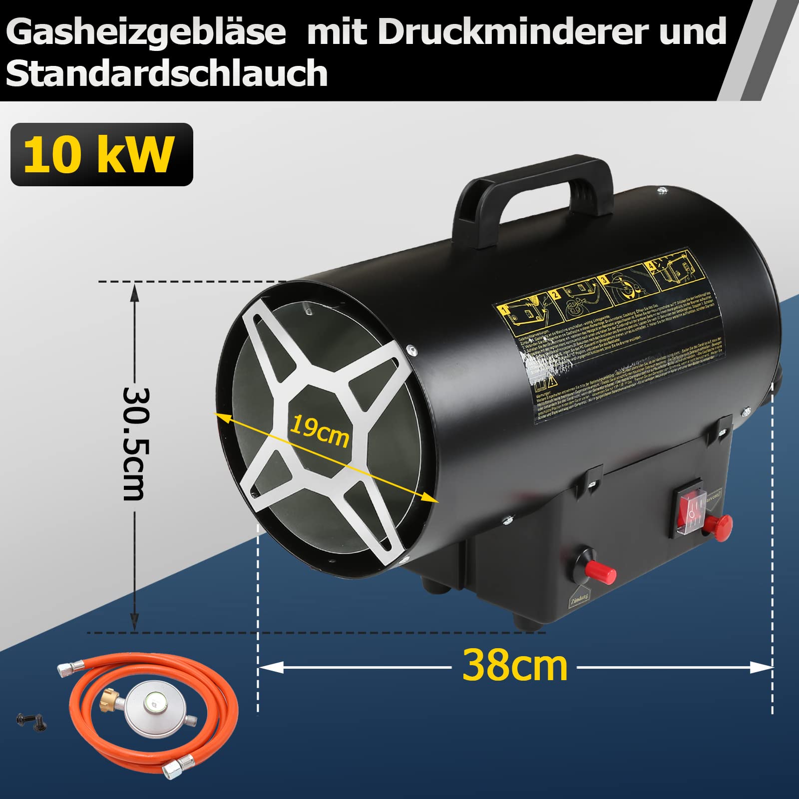 Ikodm Gasheizung für innenräume, 10KW 220V Gasheizgerät Gasheizer Gasheizgebläse Propangasheizgebläse 320 m³/h Luftdurchsatz, mit 1,2m Gasschlauch und 700 mbar Druckminderventil