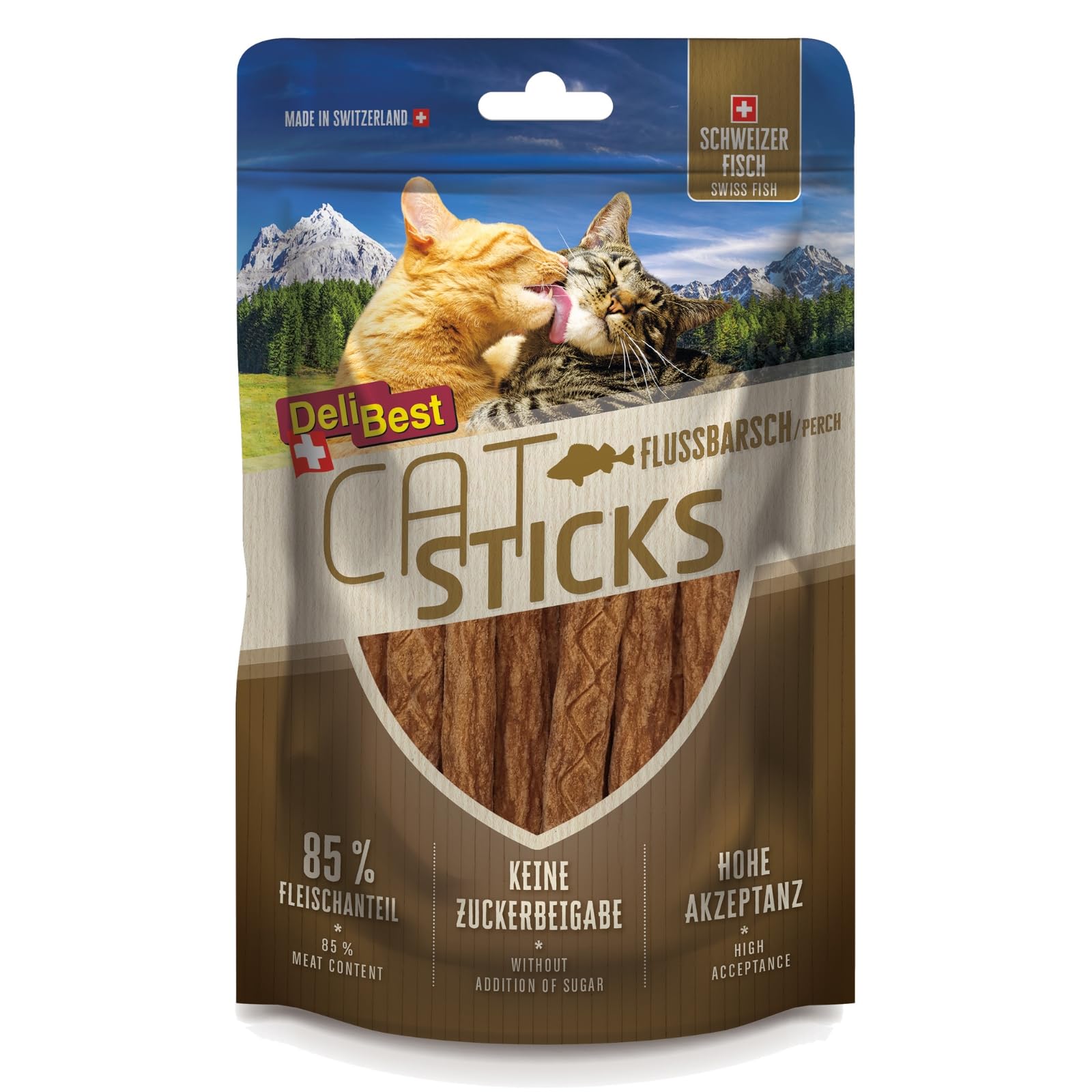 DeliBest Cat Sticks aus 100% Schweize Flussbarsch I Katzen Leckerlies getreidefrei I Katzensnack ohne künstliche Zusatzstoffe I Allergiker geeignet I 50g