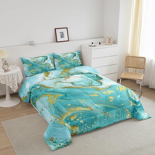 Miniatura 2 de Manfei Juego de edredón de mármol turquesa, tamaño matrimonial, juego de ropa de cama de 3 piezas para niños y niñas, decoración de habitación de