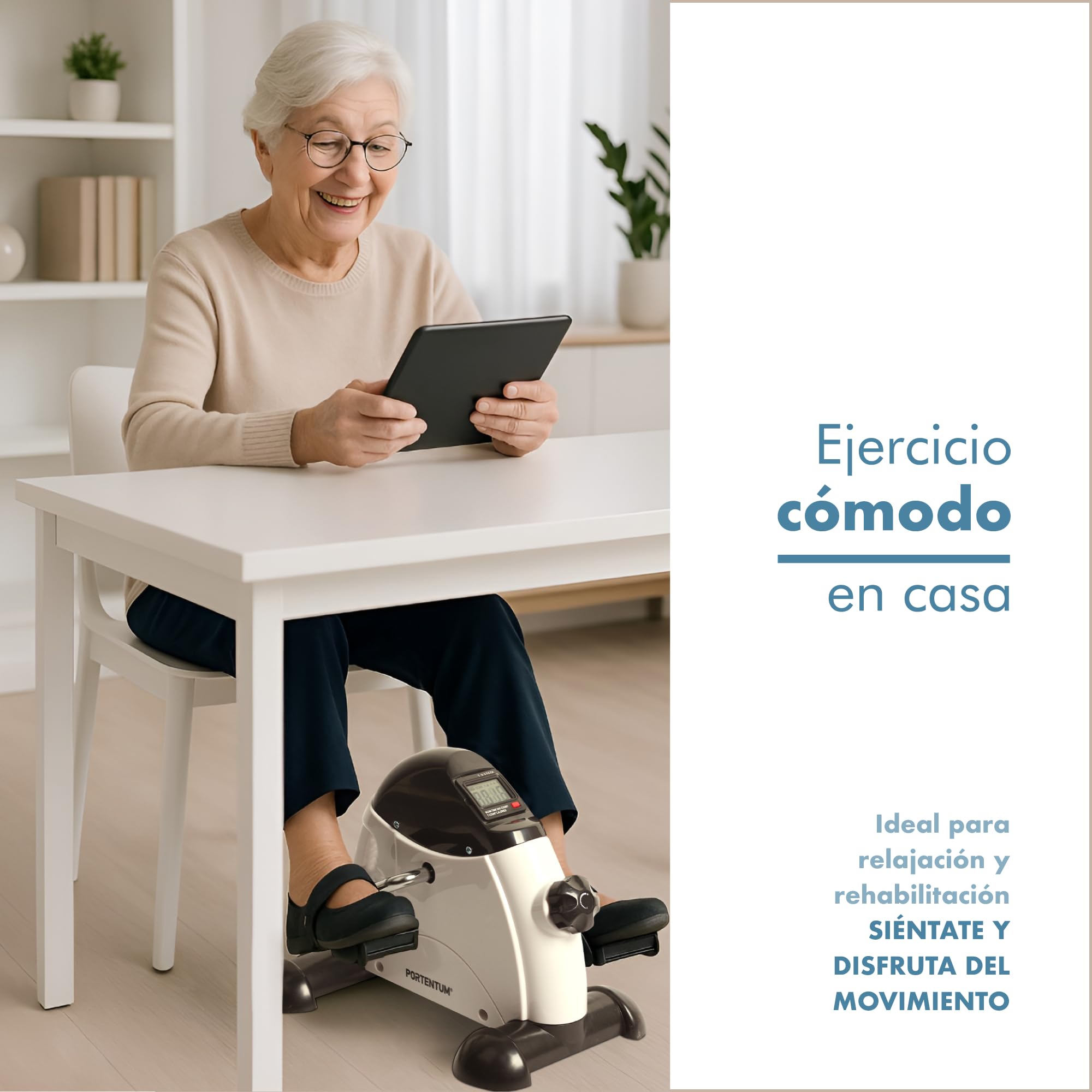 PORTENTUM Pedales estaticos Personas Mayores Pantalla LCD 6 Funciones – Pedaleador Brazos y piernas Compacto con Resistencia Ajustable y asa de Transporte – Diseño portátil para Ejercicio en casa