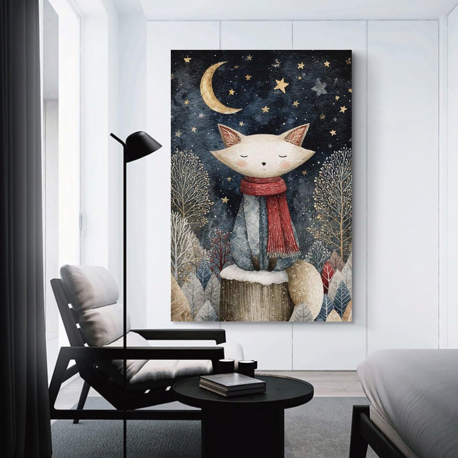 Junmoney Unframe-Style-7 Fox In Winter Night Watercolor Canvas Wall Art 20X30inch(50X75cm), For Office Decor, Home Working Or Creative Rooms, Wall Art That Adds Style To Work Areas