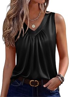 Zeagoo Womens Tank Tops Satin Silk Sleeveless Tops V Neck Pleated Shirts | Camisole Tops for Women, Work Blouses, Loose Fit Dressy Tops, Business Casual Outfits Under Blazers, Fashion Clothing