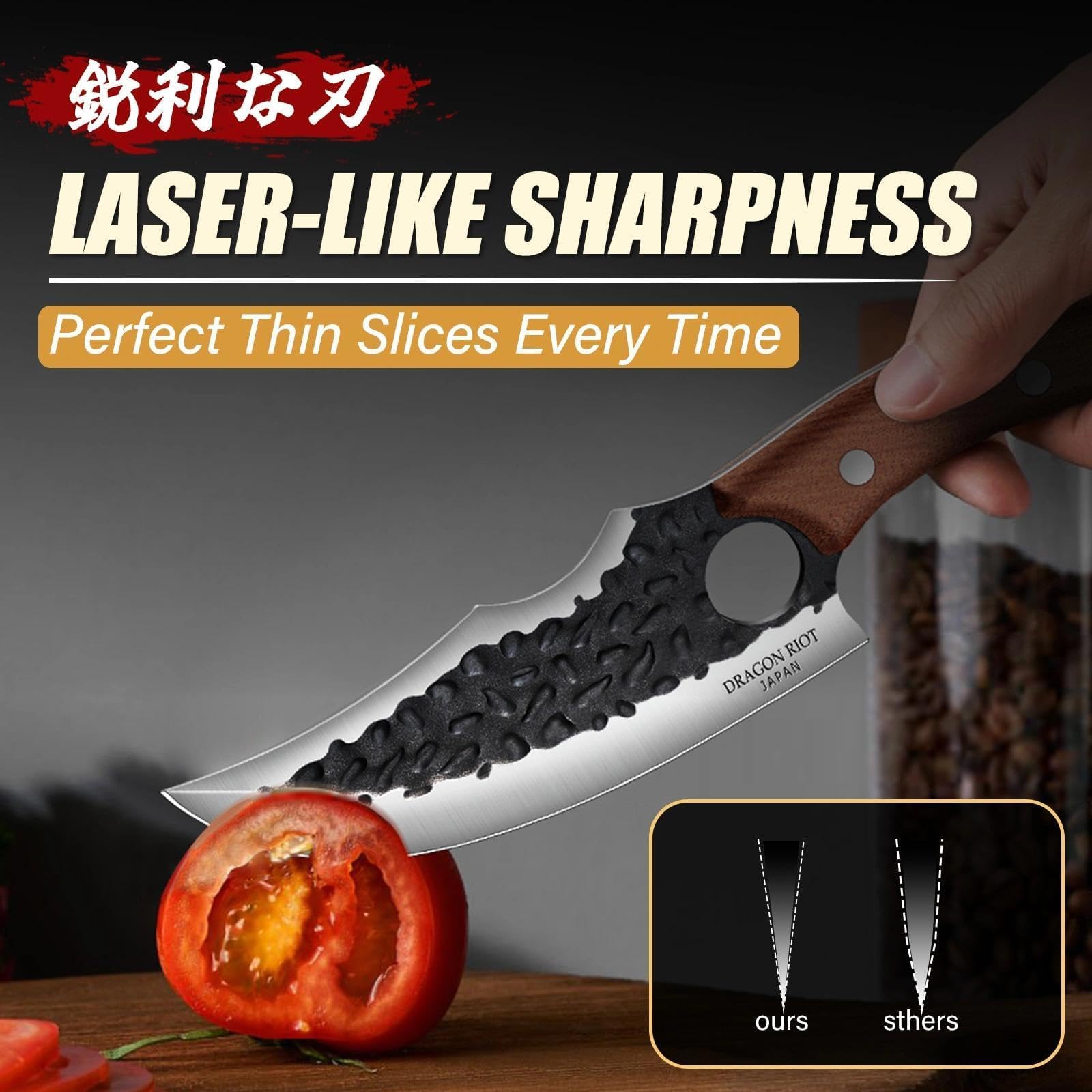 DRAGON RIOT Wikinger-Messer zum Fleischschneiden, Geschmiedetes Japanisches Küchenmesser - Scharf Grillmesser, Japanisches Messer für Küche und Outdoor BBQ, Geschenkidee für Männer (Ohne Scheide)