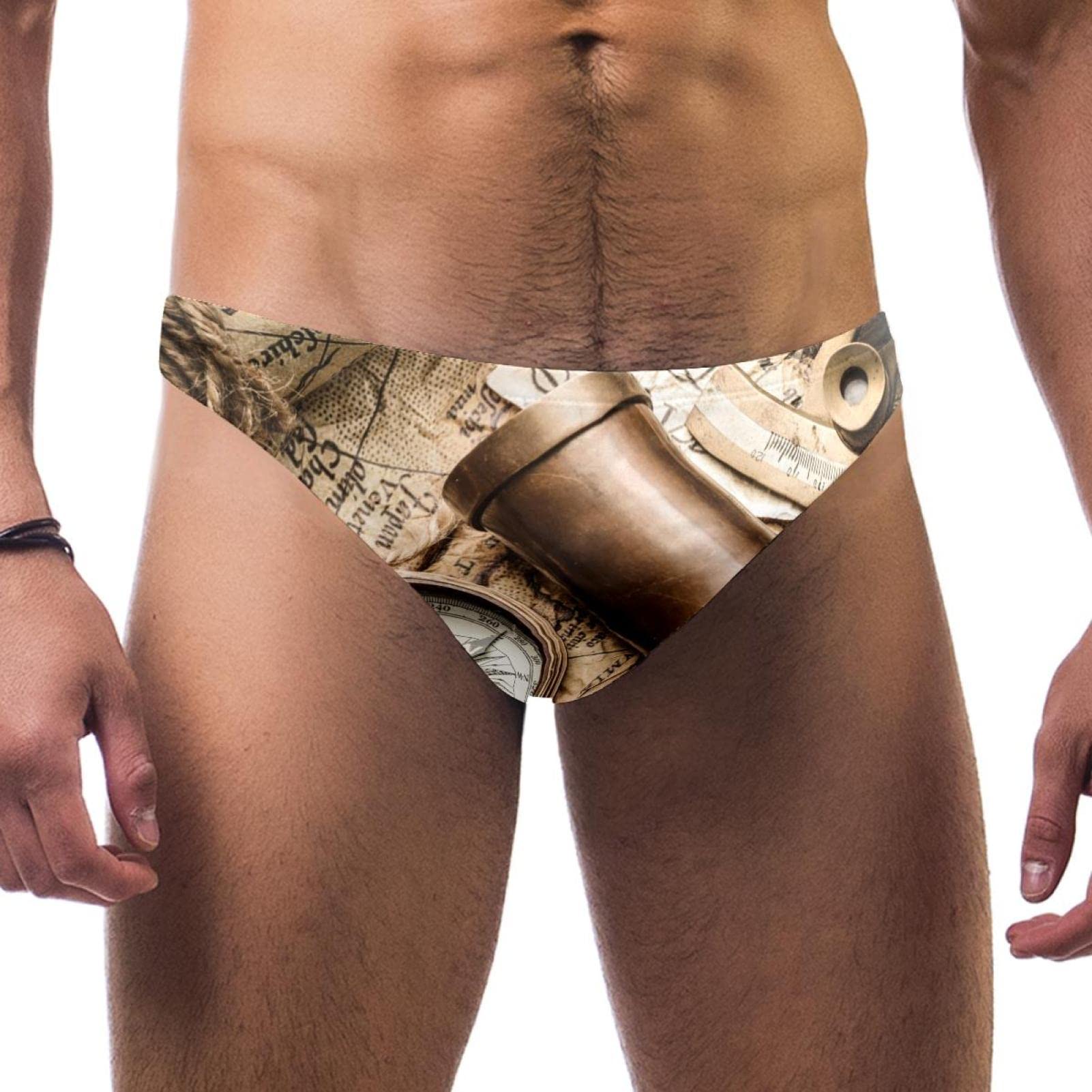 Men's Ployester Swim Briefs Print Bikini Swimsuit with Elastic Waistband Vintage Compass Sextant Spyglass and Old Map