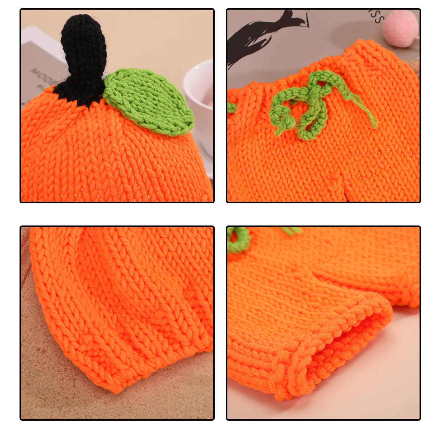 JNAWA 2Pieces Halloween Baby Pumpkin Costume Set Orange Knitted Hat and Pants Photoshoot Clothing Kids Props for Newborn Months Costumes - Image 2