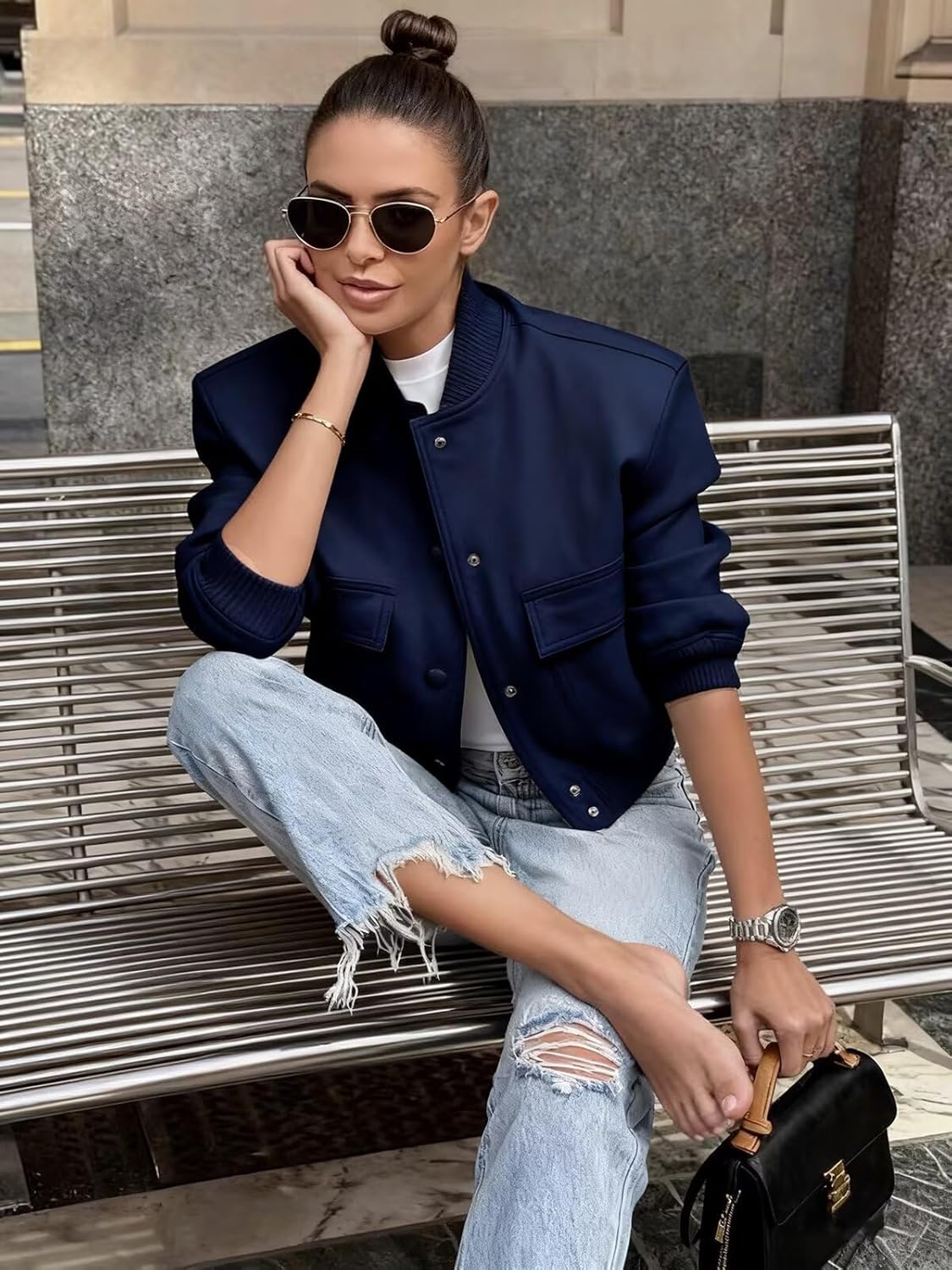 imbpceu Women Bomber Jacket Casual Long Sleeve Button Down Varsity Jackets with Pockets - Image 4