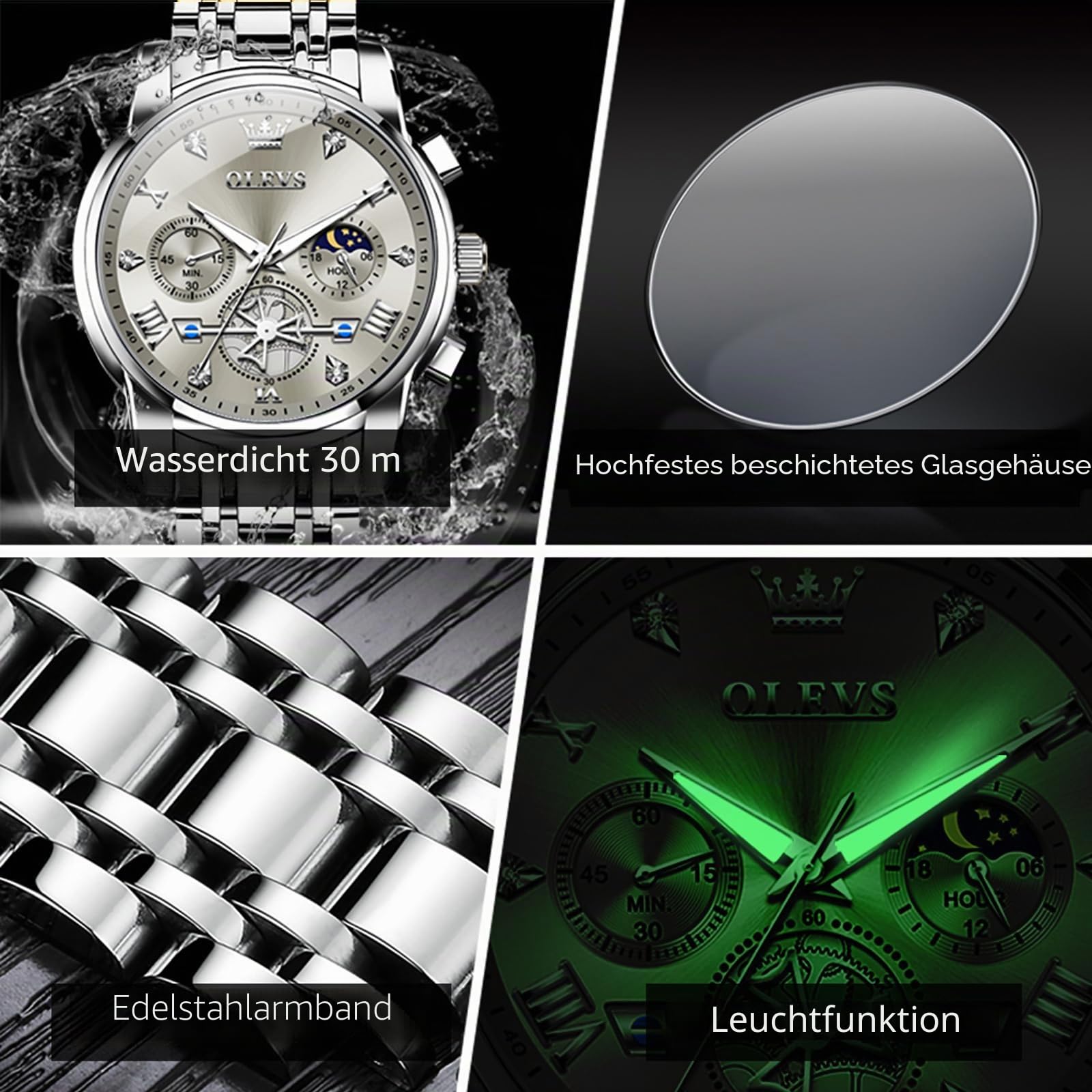 OLEVS Herren-Armbanduhr mit Zeitcode, Edelstahlarmband, Leuchtend, wasserdicht, multifunktional, Unterzifferblatt, Business-Kleid, Quarz, rund, Luxusuhren für Herren