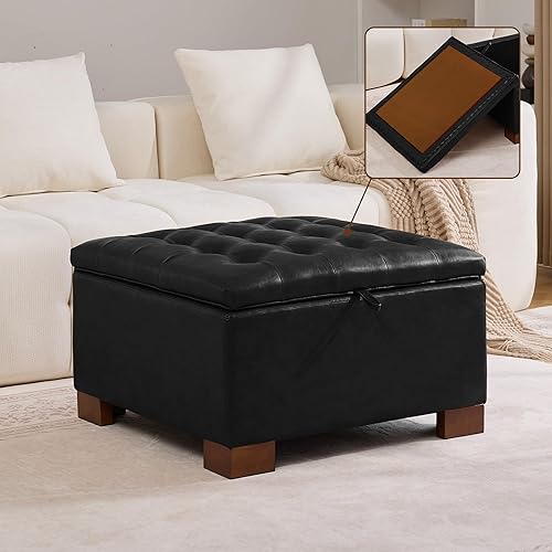 Miniatura 20 de Otomana cuadrada de tela de 24 pulgadas con bandeja de madera, moderno reposapiés con botones, mesa de café, otomana pequeña tapizada para sala de