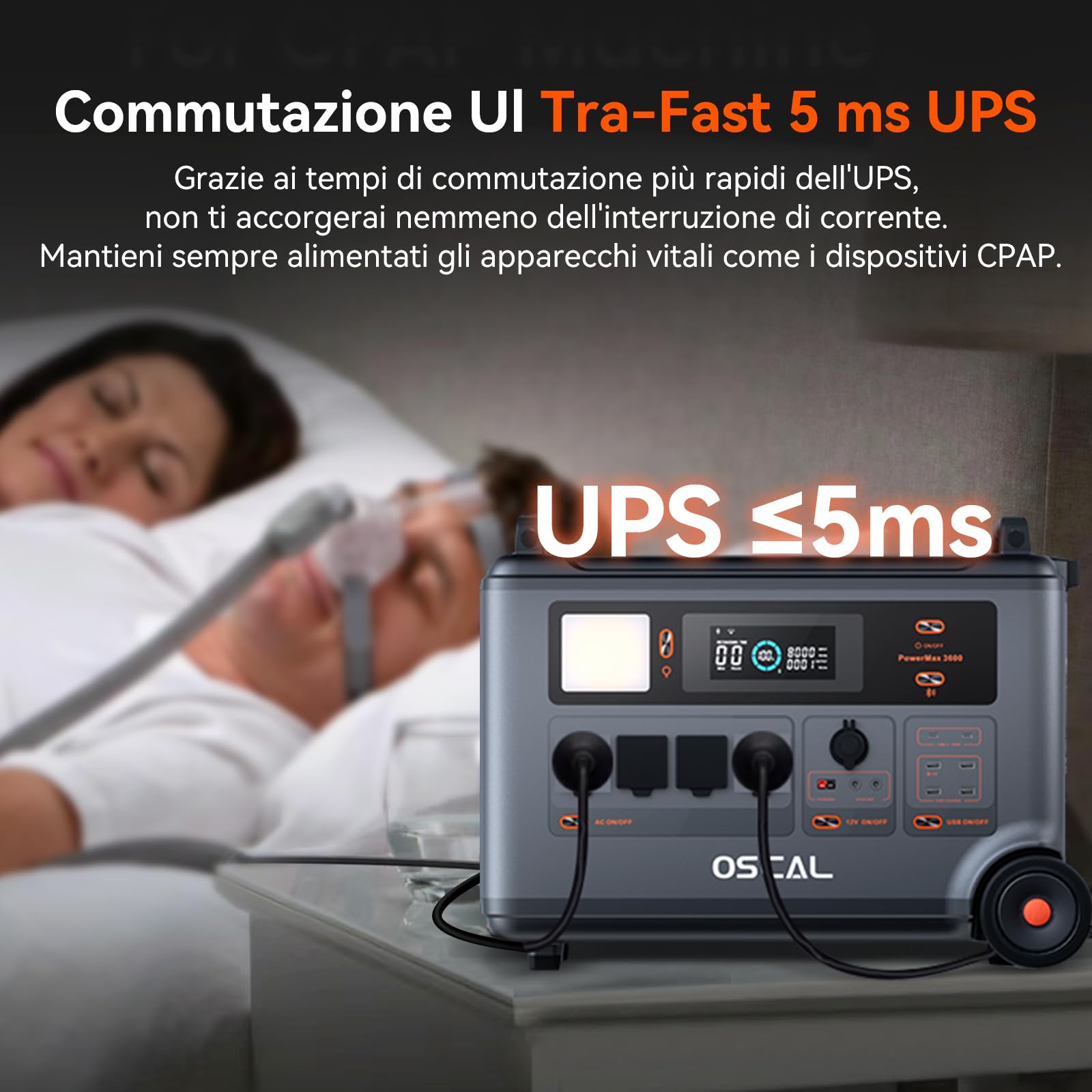 Stazione di energia portatile OSCAL PM3600+PM400, Batteria di riserva domestica LFP 3600Wh, Carica completa 1.2H, Generatore solare per campeggio, camper, con pannello solare 400W