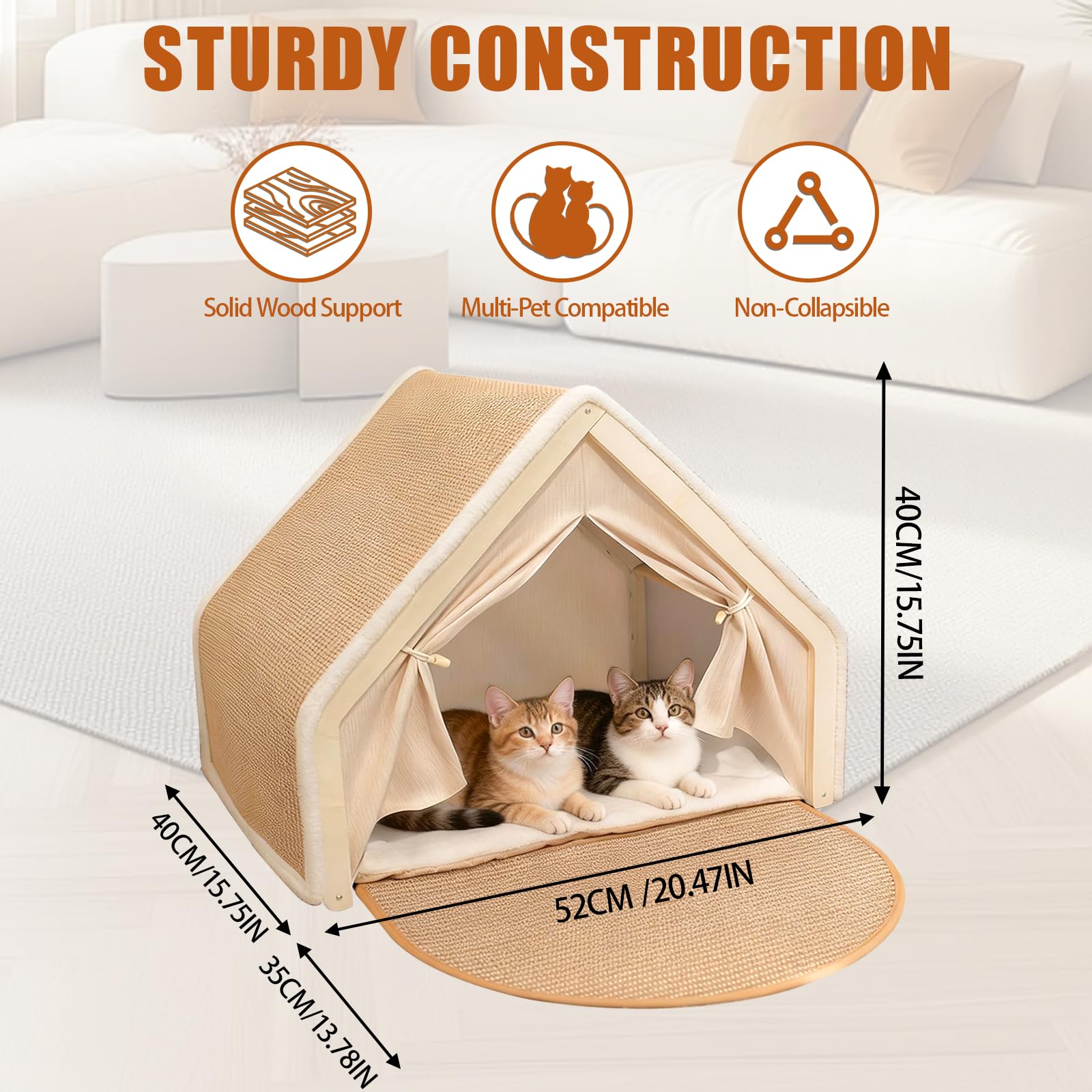 Katzenhaus Katzenzelt, 2-in-1 Holz Katzenzelt Kratzbrett, Katzenhöhle mit Sisal-Kratzbrett für Katzen Rückzugsort