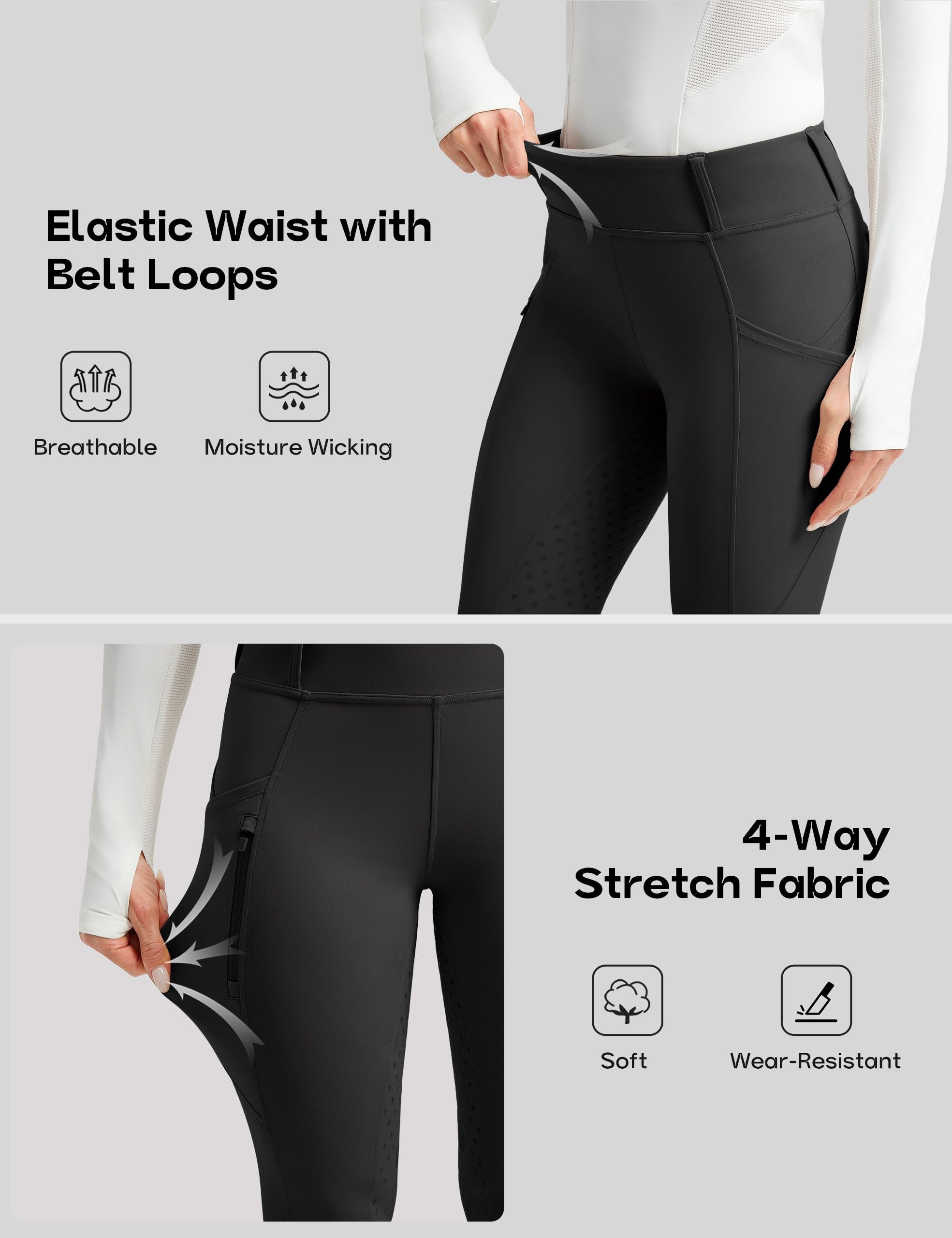 FitsT4 Sports Pantalones de equitación para mujer, de silicona, elásticos, con 3 bolsillos laterales y trabillas para cinturón, Negro , S