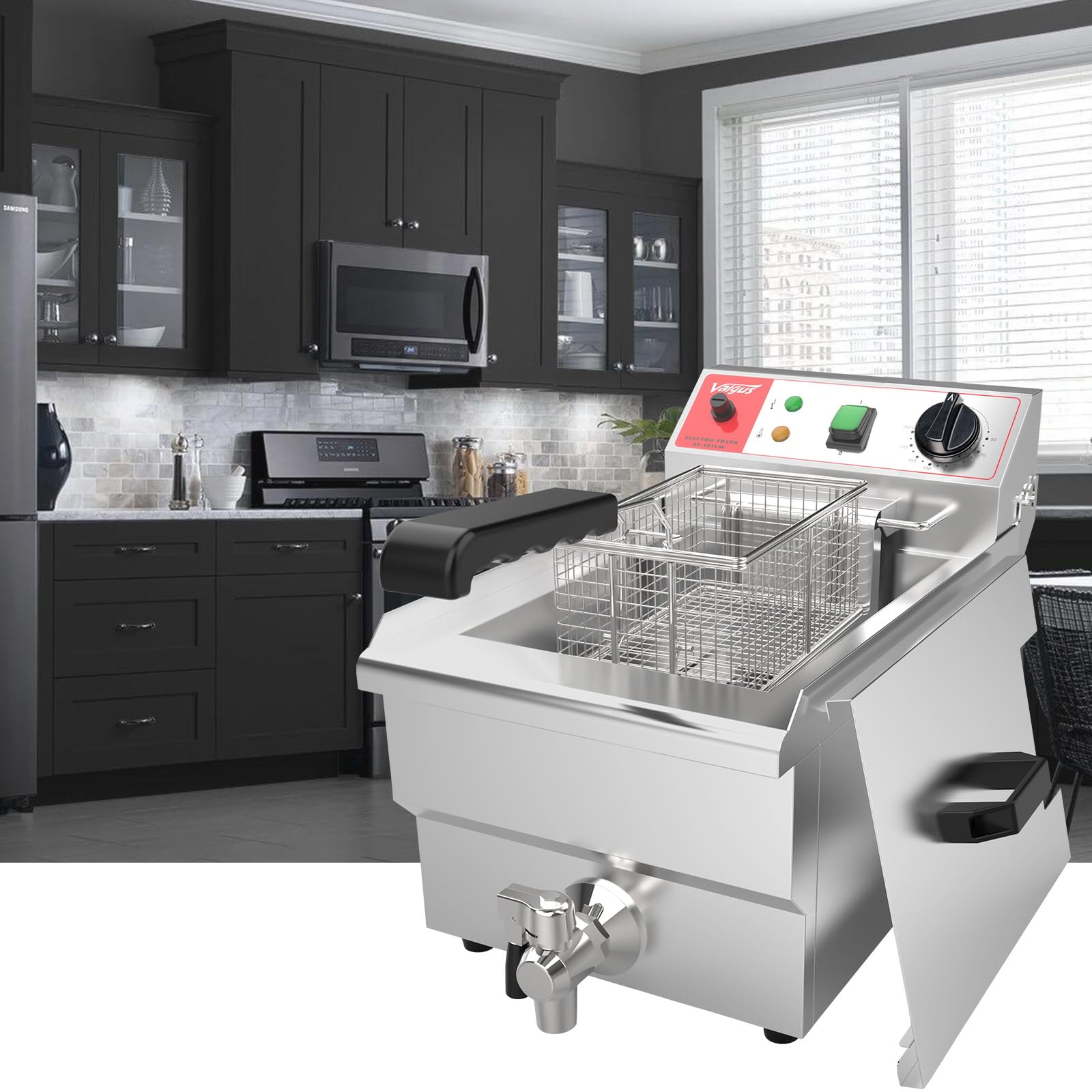 Valgus Friteuse électrique commerciale en acier inoxydable 3000W 10L | Friteuse de cuisine de grande capacité avec panier et couvercle, système de vidange