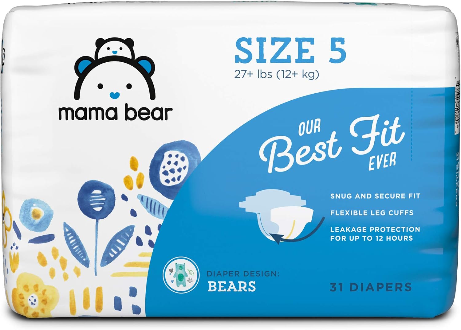 Amazon Brand - Mama Bear Best Fit Diapers Size 5, 31 Count, Bears Print [Packaging May Vary]