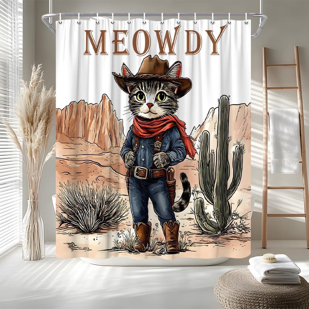 Funny Western Cat Shower Curtain Tropical Desert Cactus Mountain Watercolor Vintage Succulent Botanical Bath Curtain Fabric Bathroom Accessories Decor with Hooks 70W x90L