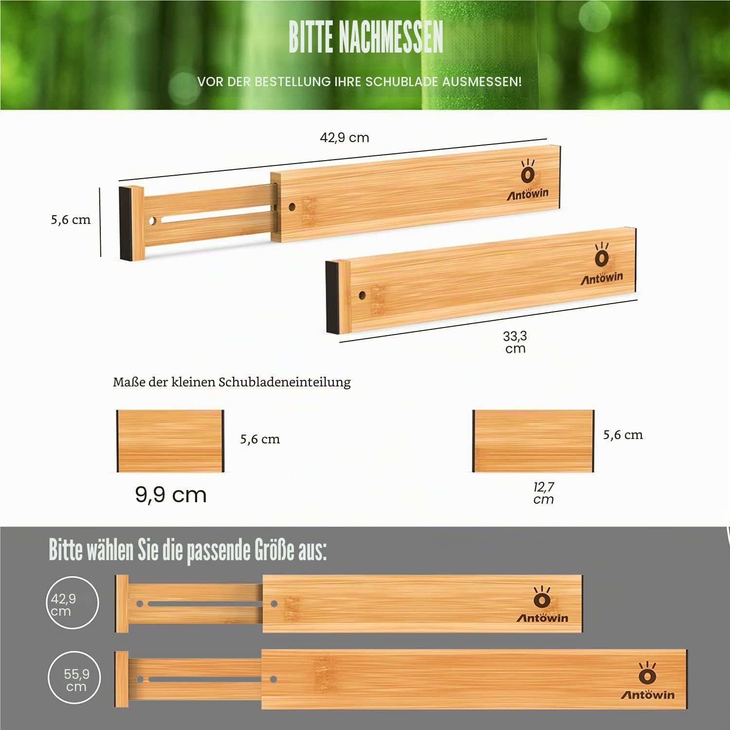ANTOWIN Schubladentrenner Verstellbar Bambus (33-43 cm), Schubladen Organizer, Gefedert, Küche, Kommode, Badezimmer, Schlafzimmer, Babyschublade, Schreibtisch Ordnungssystem
