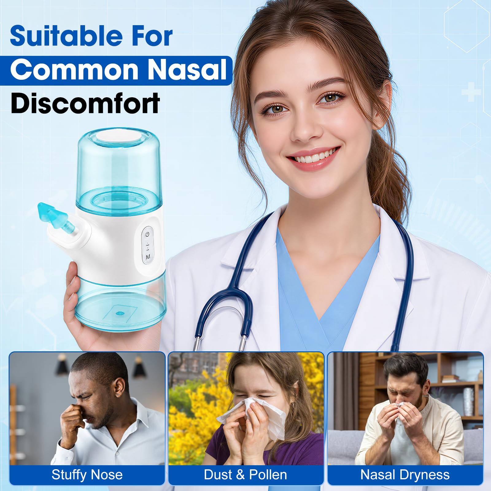 Irrigador Nasal Eléctrico Inalámbrico De Doble Depósito, Lavado De Senos Paranasales Con 2 Modos De Enjuague, Recogida Automática De Residuos, 800mAh, Impermeable IPX7, 8 Boquillas, 40 Sobres De Sal