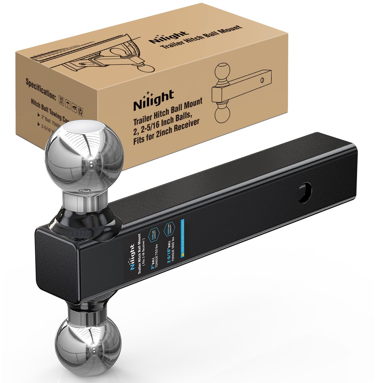 Nilight Trailer Hitch Ball Mount 2" &amp; 2-5/16" Balls Fits 2" Receiver