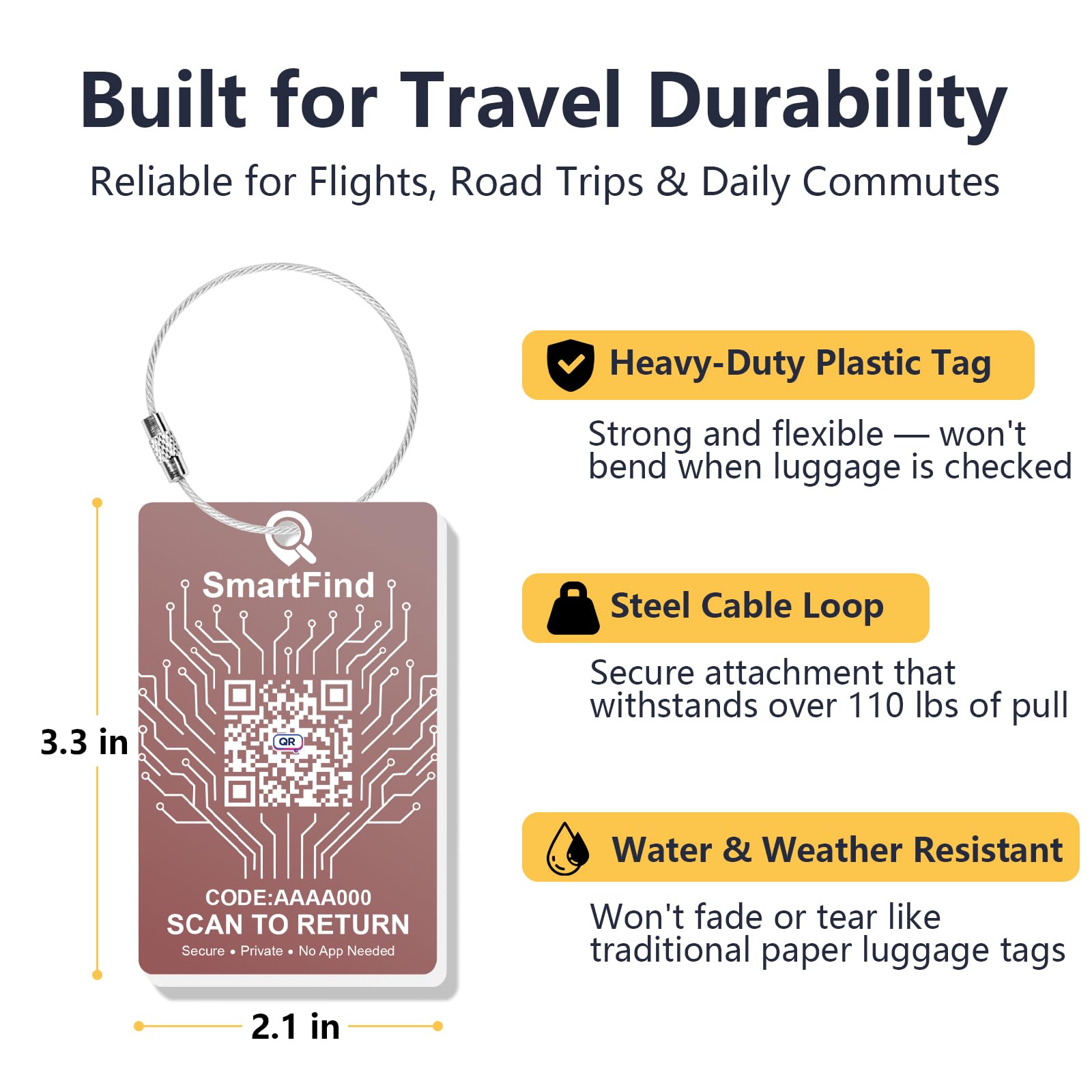 Étiquettes intelligentes pour valises, étiquettes de voyage à code QR avec protection de la vie privée et partage GPS optionnel, aucune application nécessaire, étiquettes durables pour croisières