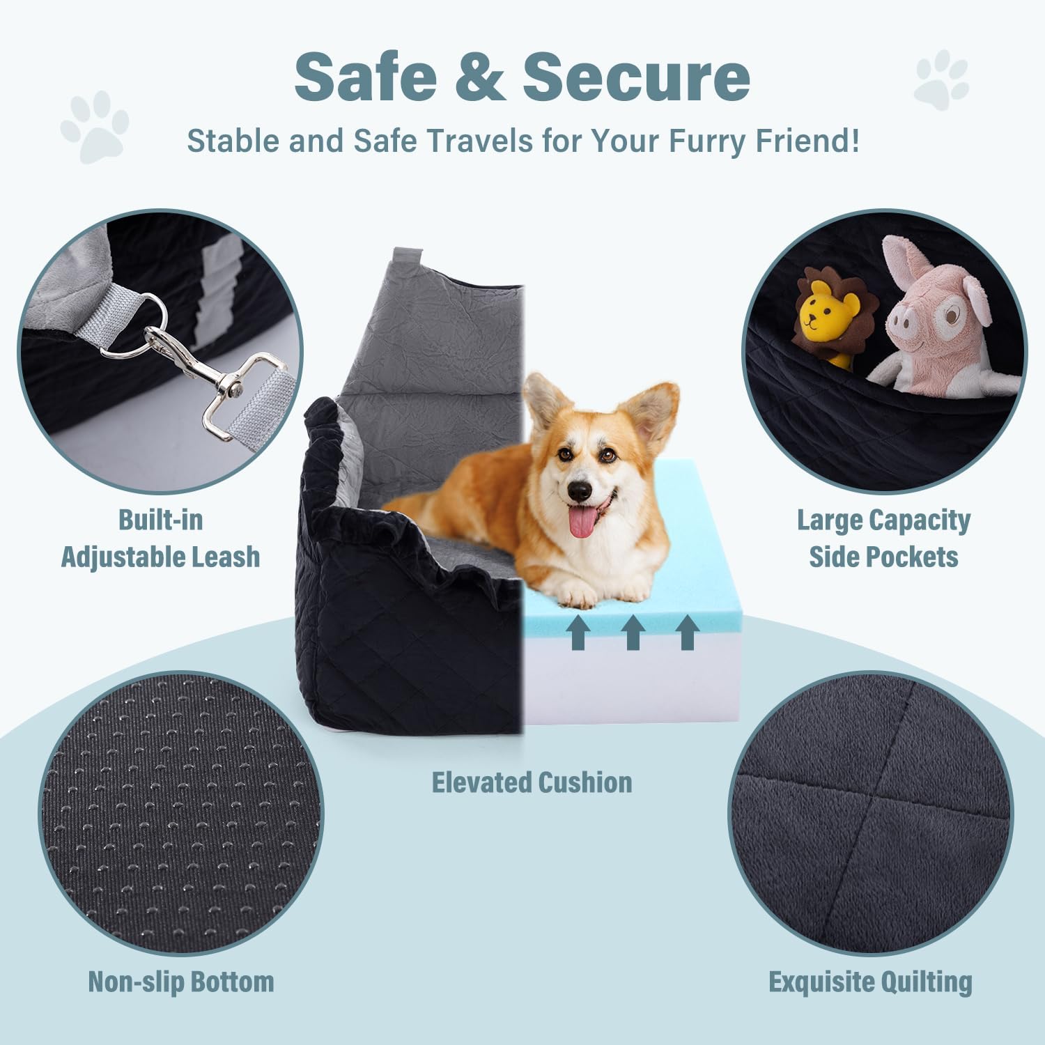 Jaoul Dog Booster Car Seat for Small/Medium Dogs - Memory Foam Elevated Cushion - Fully Detachable and Washable Pet Portable Car Seat with 2 Clip-On Safety Leashes(Black,6" H,Lace Trim) Black Lace Trim