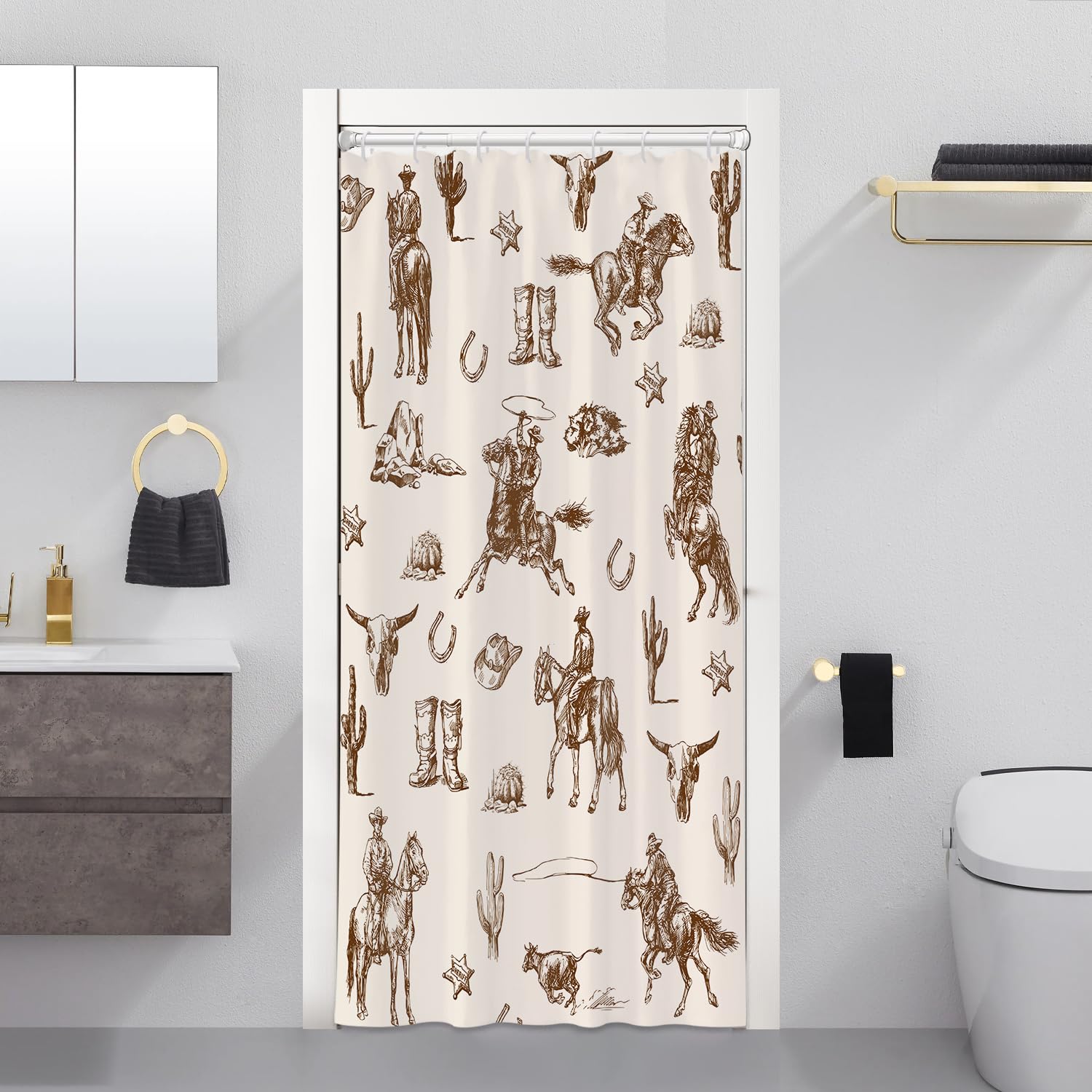 EOVDSFW Western Cowboy Shower Curtain Bathroom Set Country Cactus Horse Desert Cattle Farmhouse Stall Small Half Bath 36 x 72 Inch Decorative