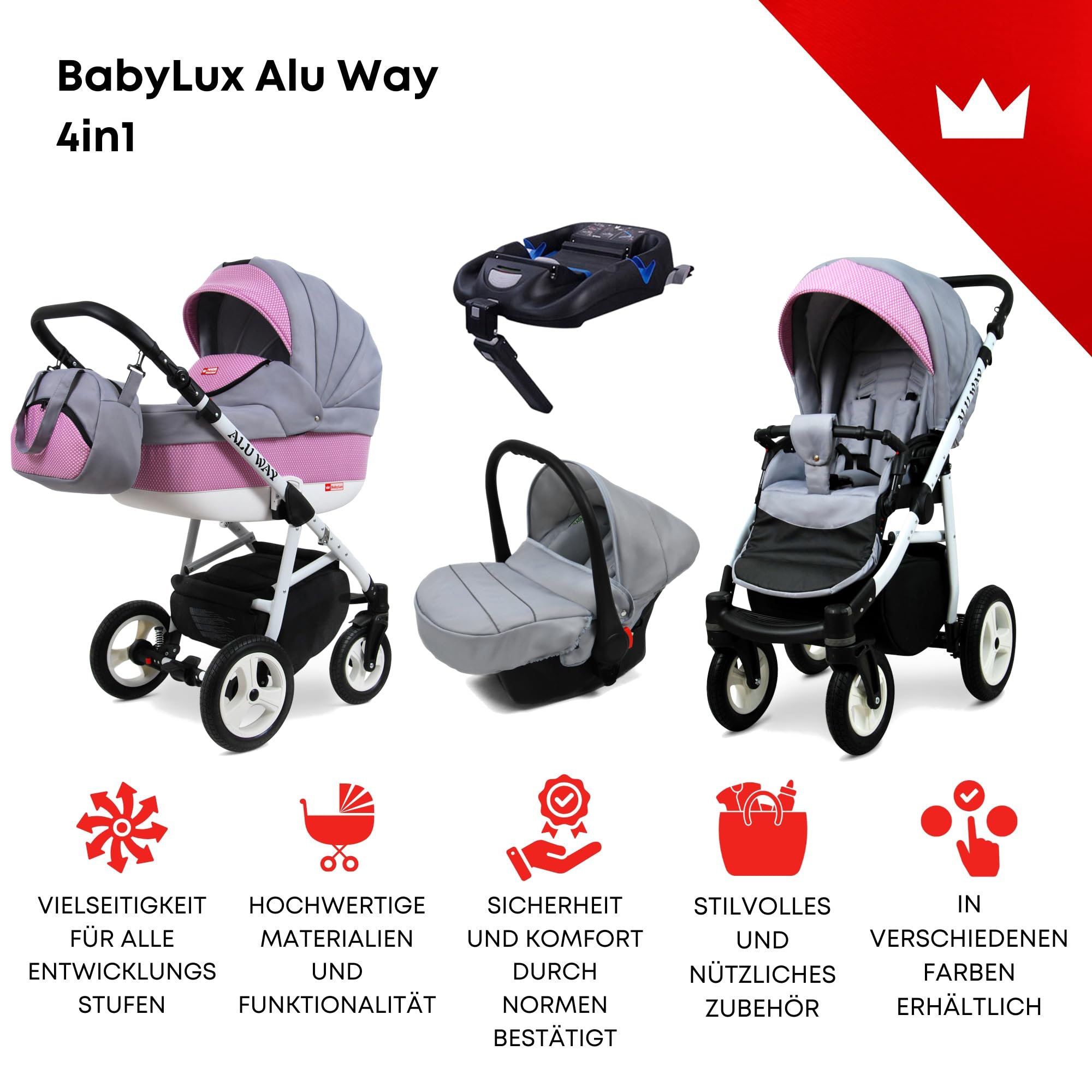 BabyLux® Kinderwagen Set 4 in 1 - Alu Way - incl. Babywanne, Buggy Sportsitz, Auto-Babyschale, ISOFIX-Basisstation - Autositz - Kinderwagenset - Kombikinderwagen mit Wickeltasche usw.