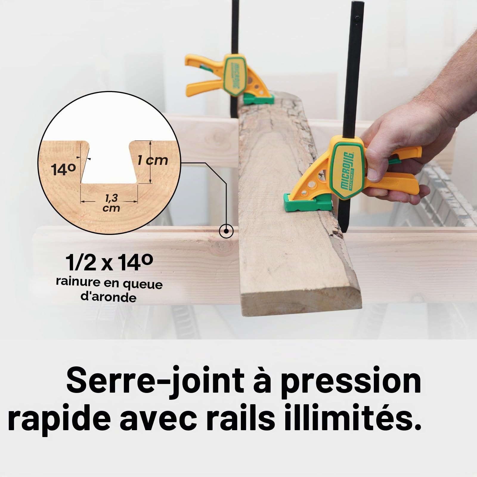 MICROJIG MATCHFIT Grr-rip – Lot de 2 colliers de serrage à queue d'aronde, compatibles avec les rails à queue d'aronde, à action compressible, pour gabarits, luges, établis, DVC-625QCK2, jaune