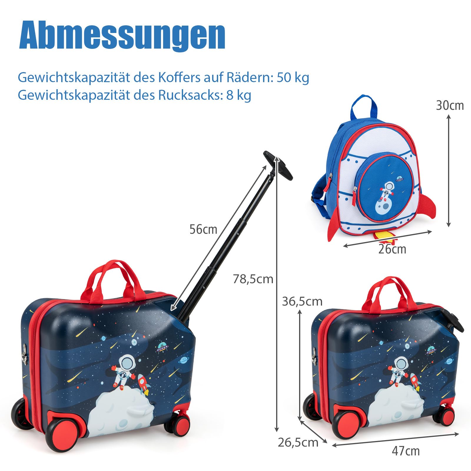 SOARS Kinderkoffer & Rucksack 18”+12”, Reisekoffer mit Rollen & Teleskopgriff, Trolley Kinder, Kindergepäck, Hartschalenkoffer, Kindertrolley für Jungen und Mädchen (Astronaut)